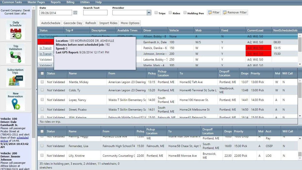 TripMaster dashboard with trip schedules, driver details, and pickup/drop-off locations.