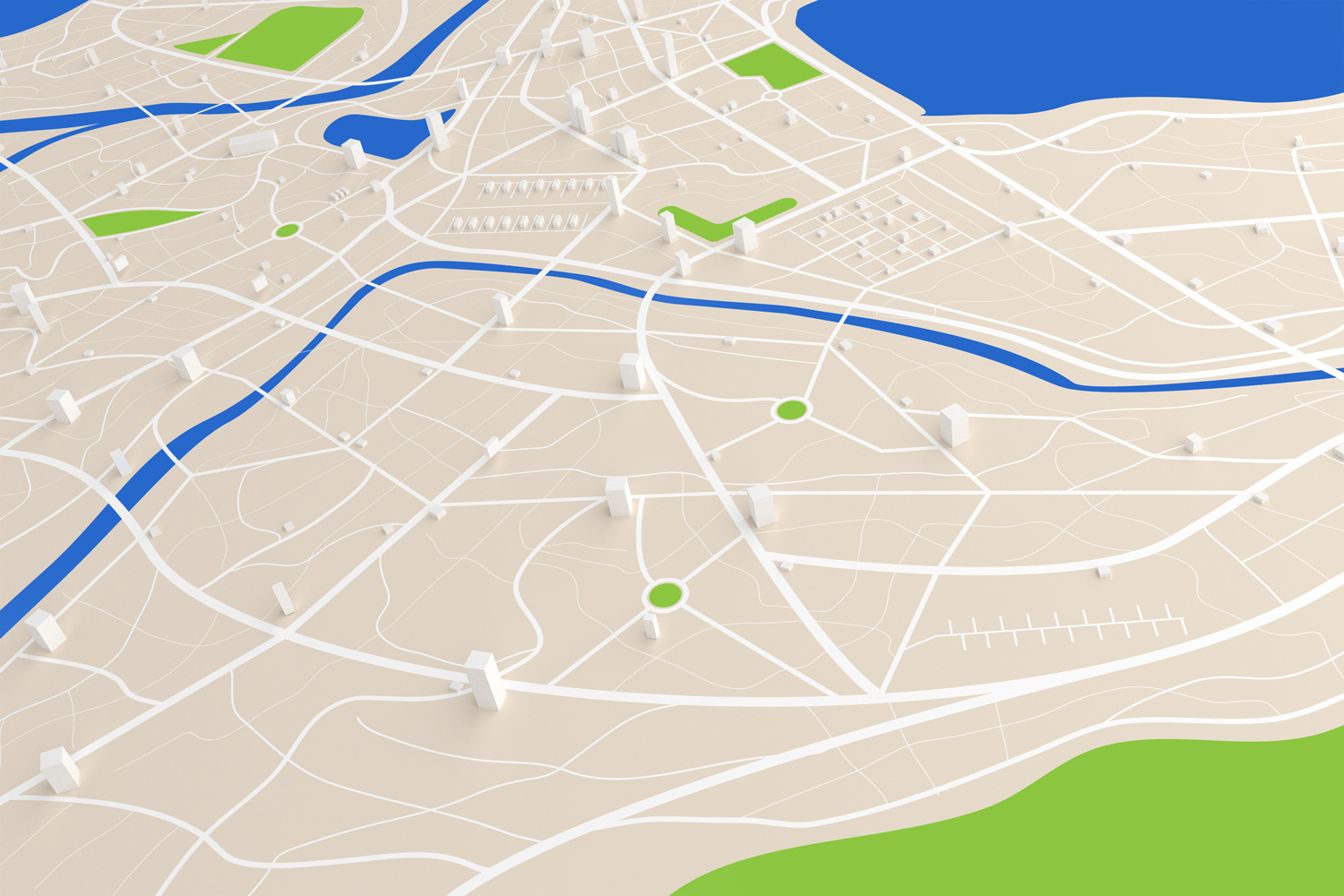 3D city map illustration with streets, rivers, parks, and buildings