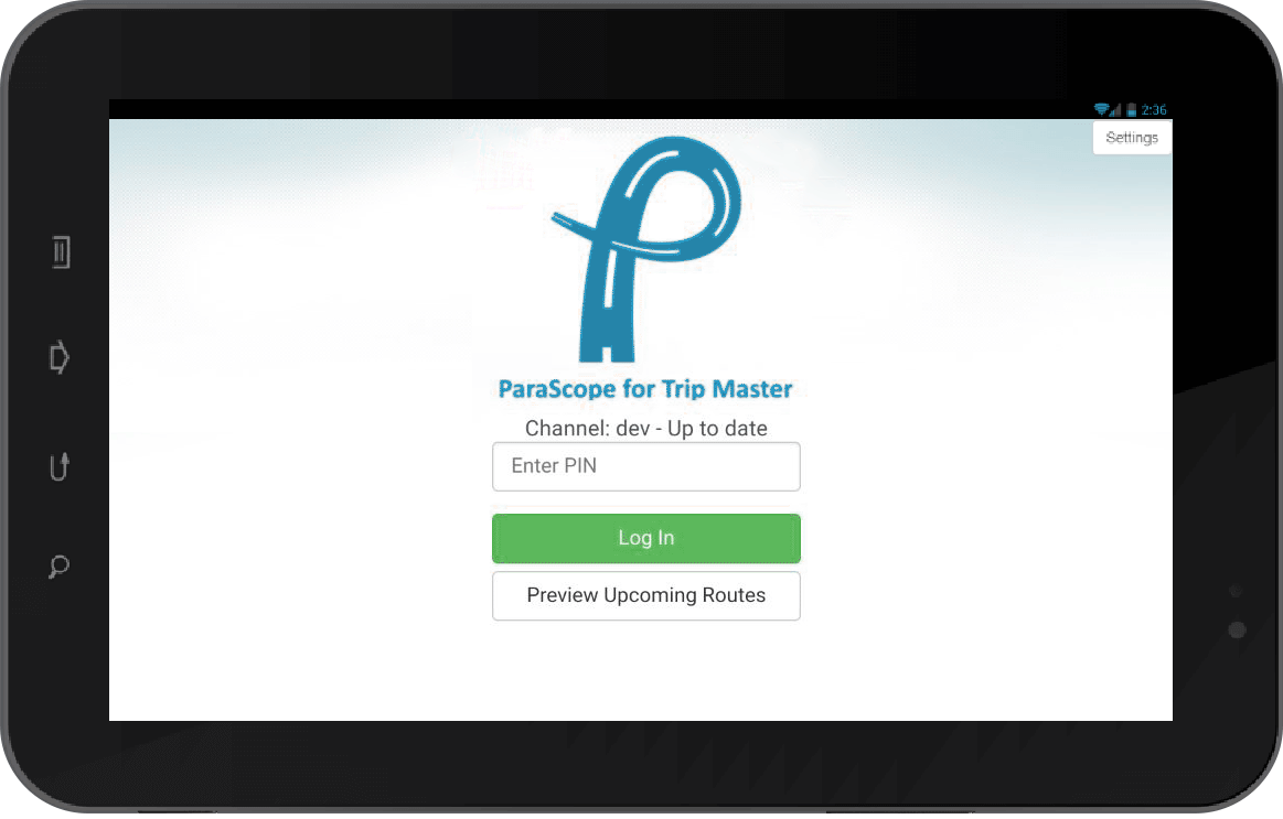 Tablet screen showing ParaScope for Trip Master login with PIN entry, log in, and preview routes options.
