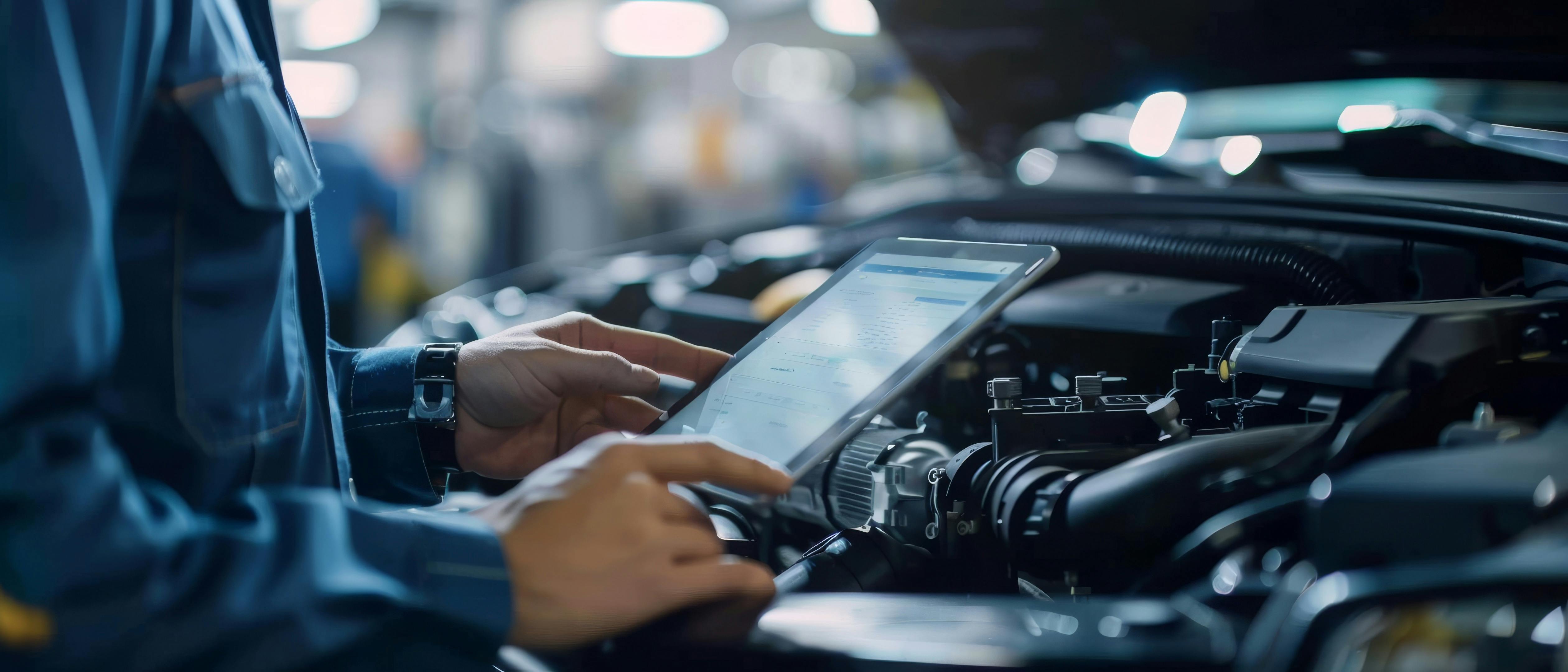 Mechanic using digital tablet to check vehicle maintenance data under car hood