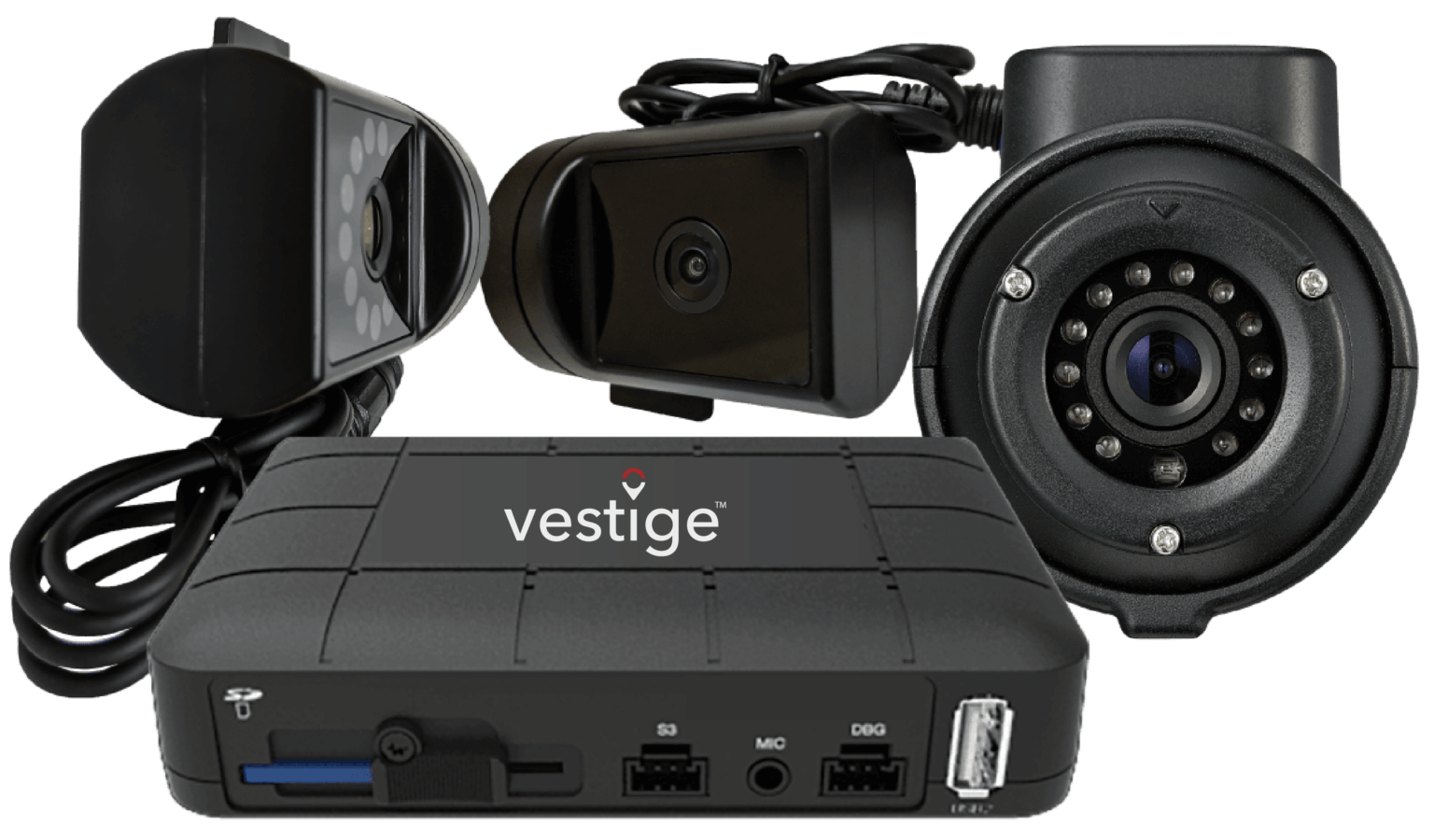 Set of Vestige vehicle cameras and recording hardware used for fleet monitoring and safety.