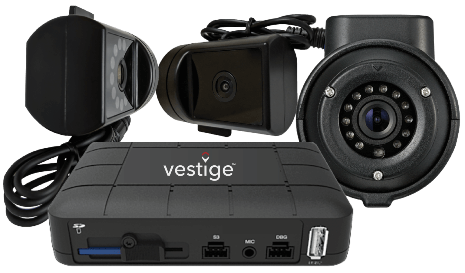Set of Vestige vehicle cameras and recording hardware used for fleet monitoring and safety.