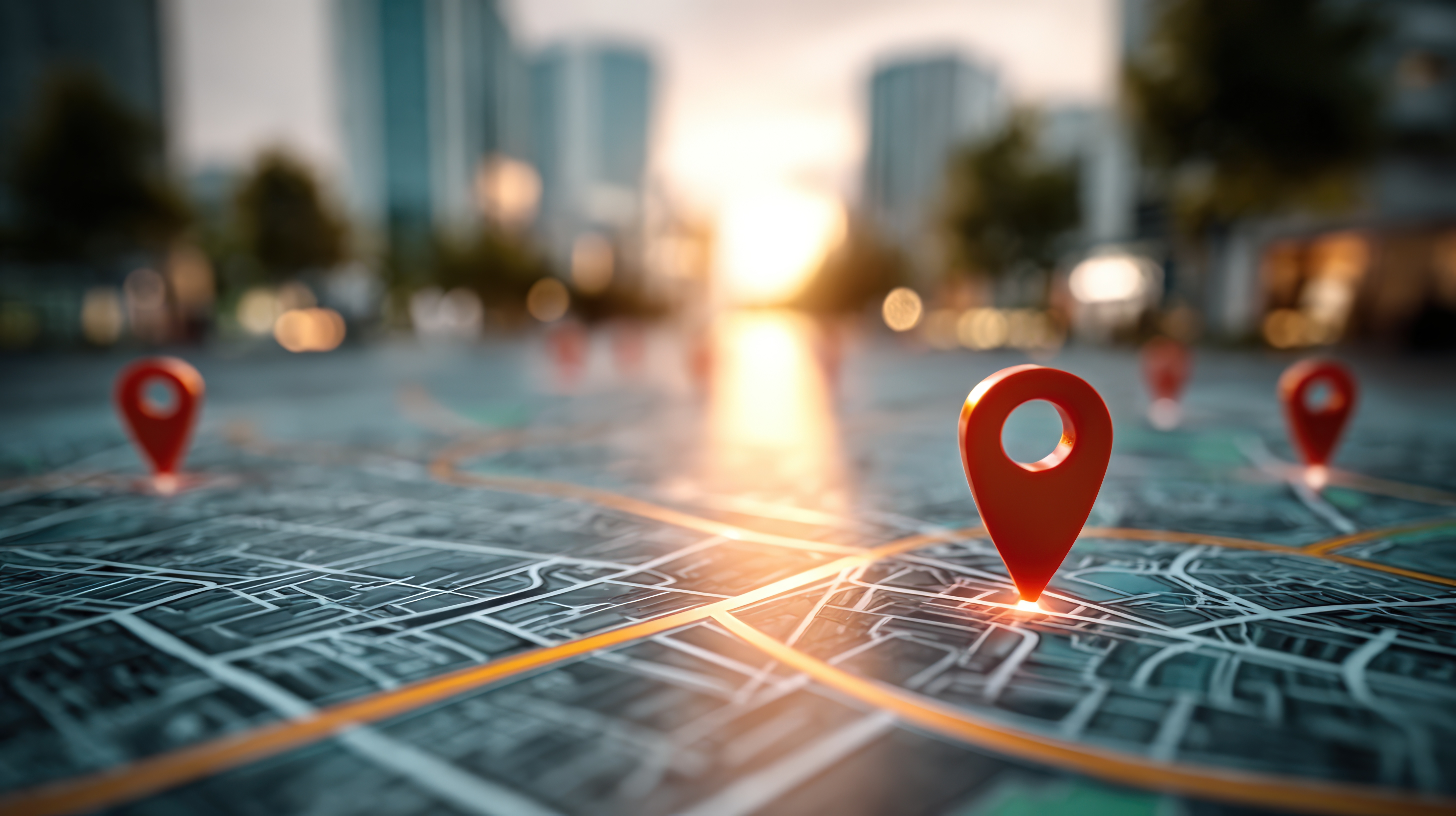 Close-up of blue map location pins placed on a city map.