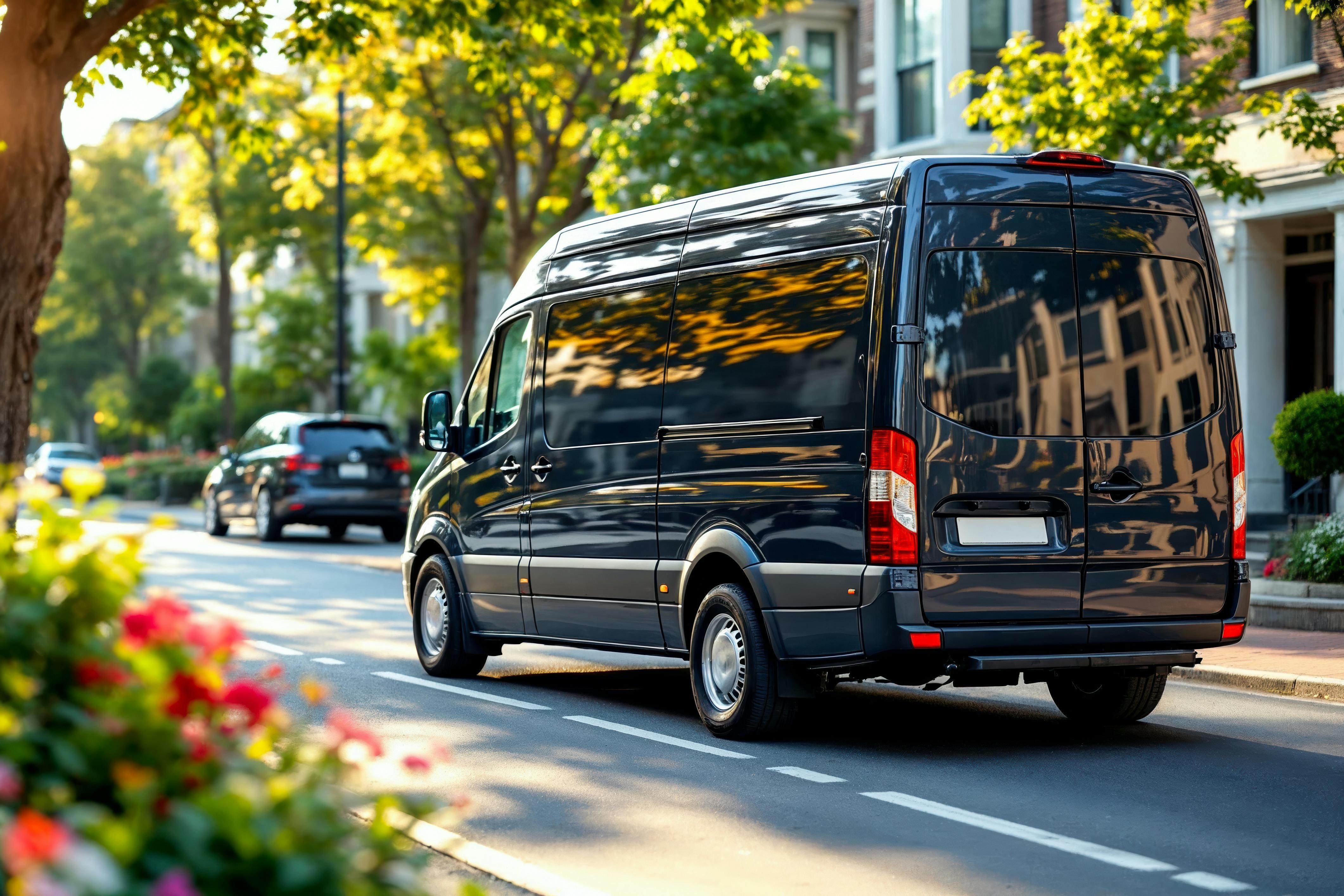 Black passenger van driving down a tree-lined residential street on a sunny day.