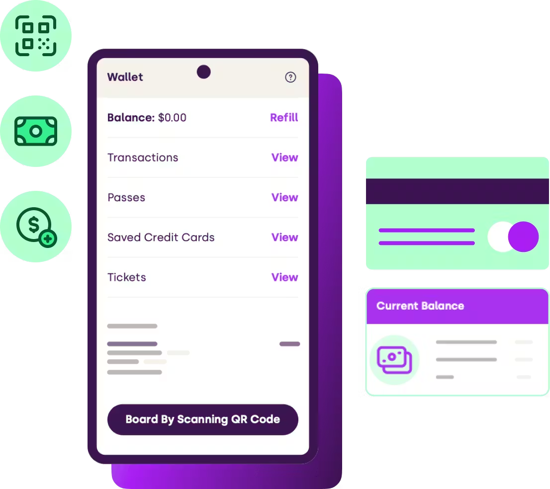 Digital wallet interface on a smartphone showing balance and transactions.