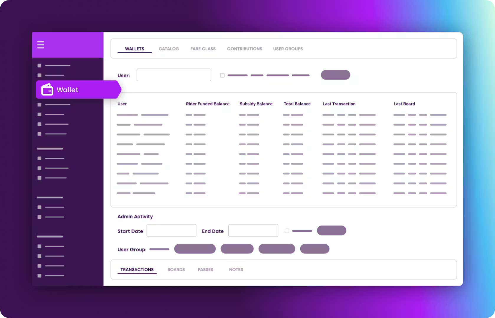 Admin dashboard interface with sidebar navigation, data table, and edit form.