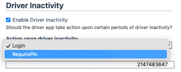 Screenshot of Driver Inactivity, RequirePin functionality