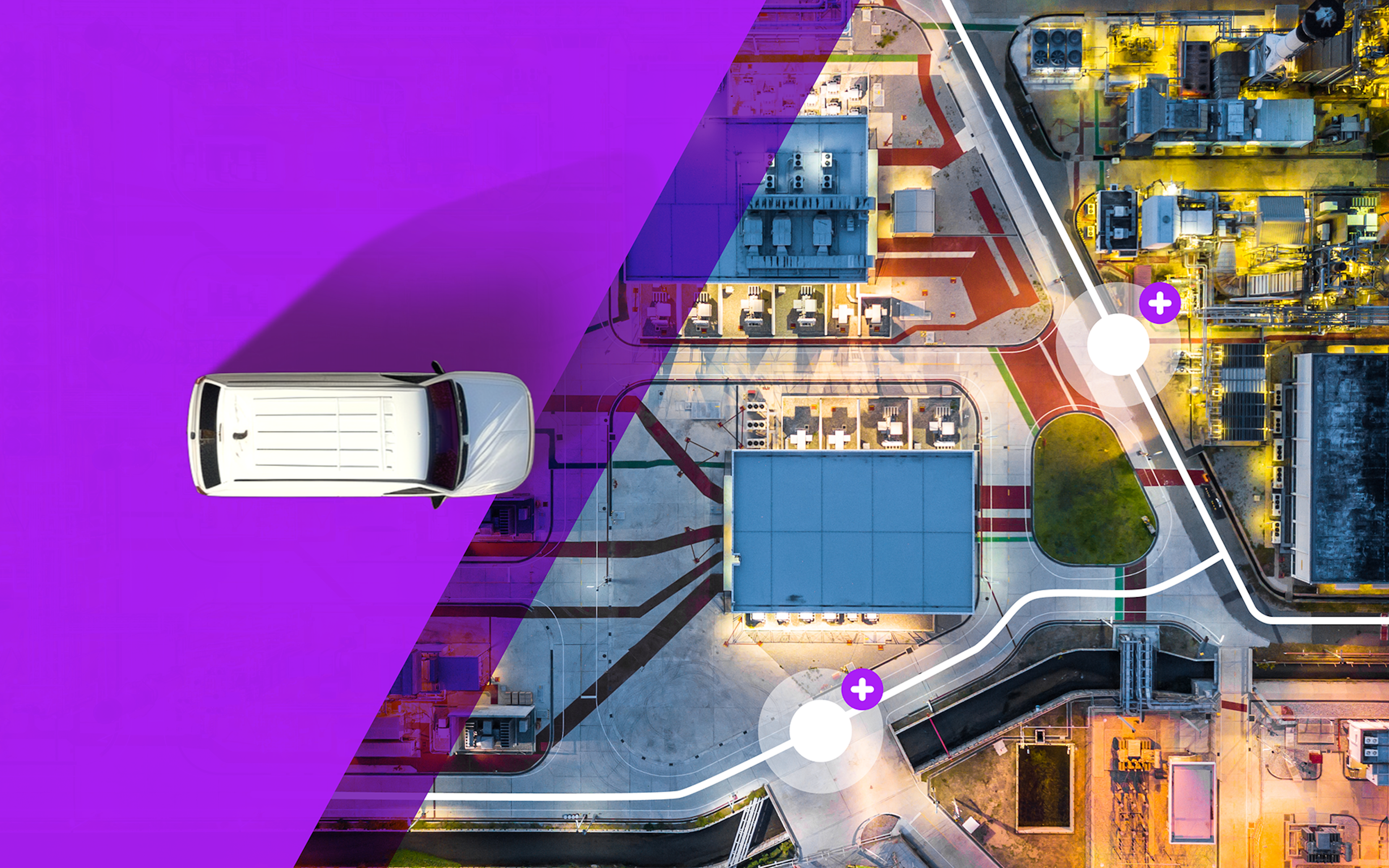 aerial view of a manufacturing location with route lines depicting transportation service 