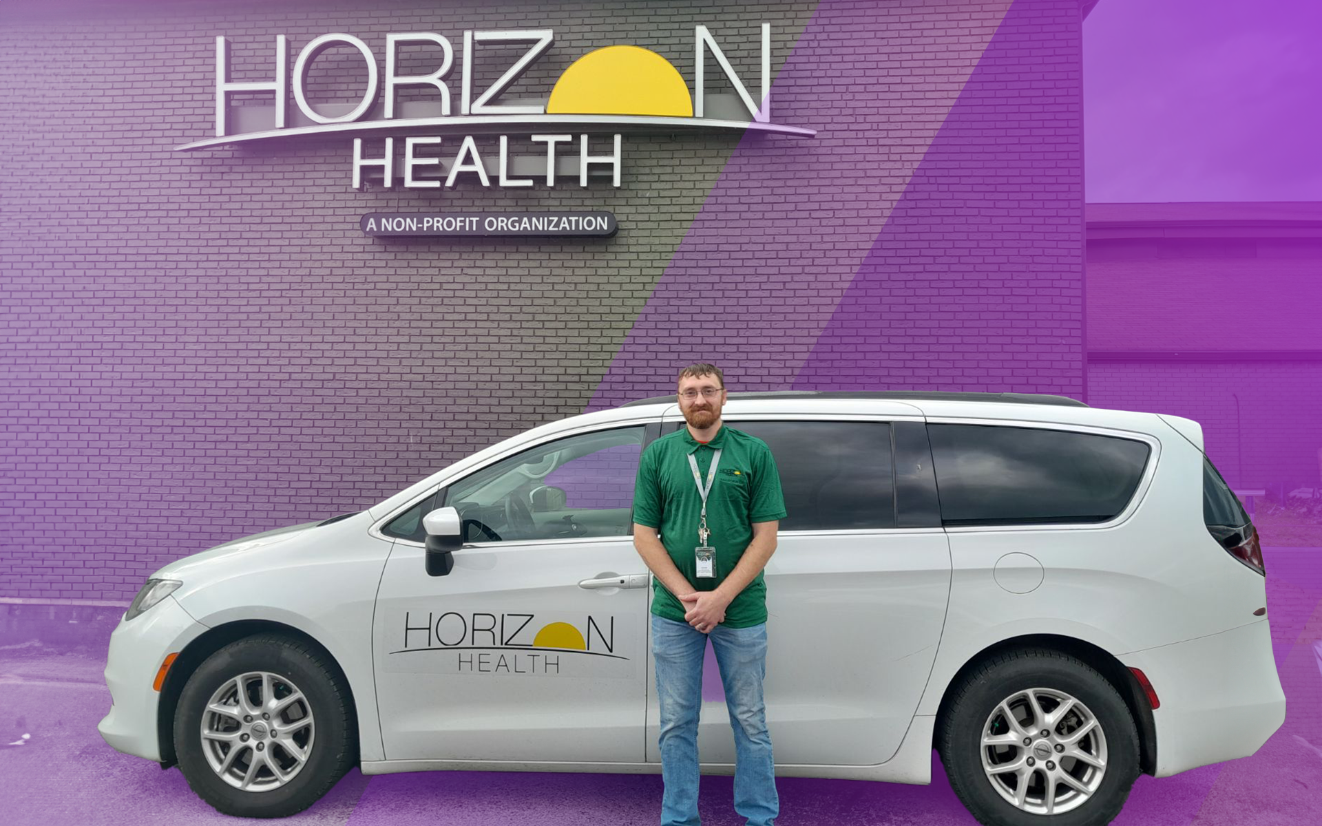 Horizon Health employee and van in front of their facility.