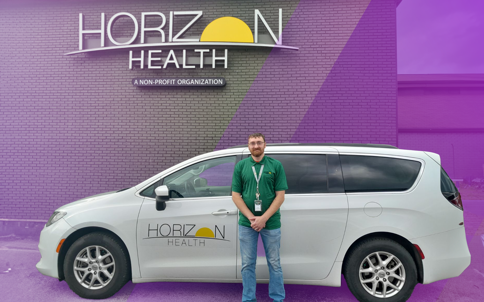 Horizon Health employee and van in front of their facility.