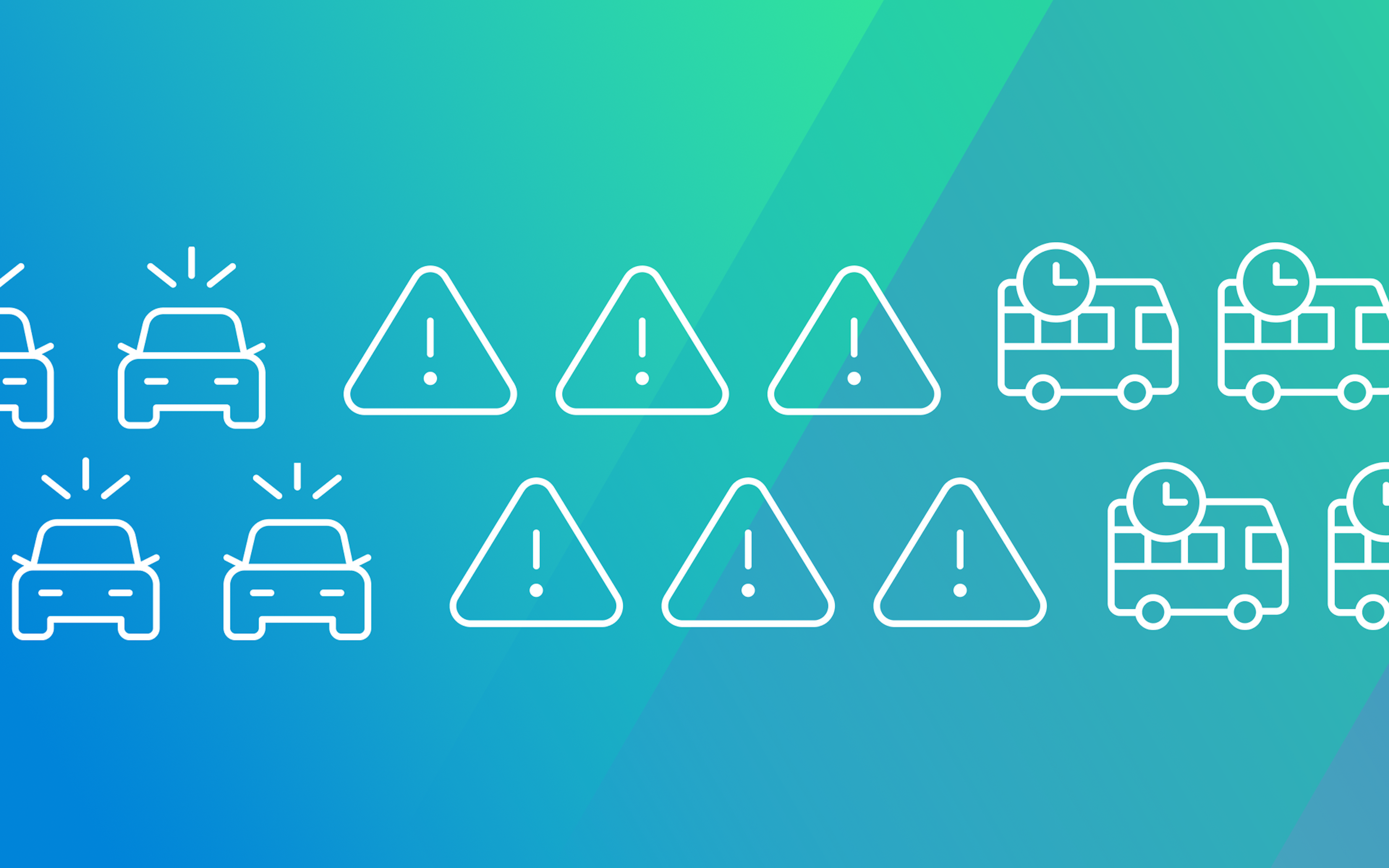 blue/green image with icons of a car, caution triangle sign and a bus with clock.