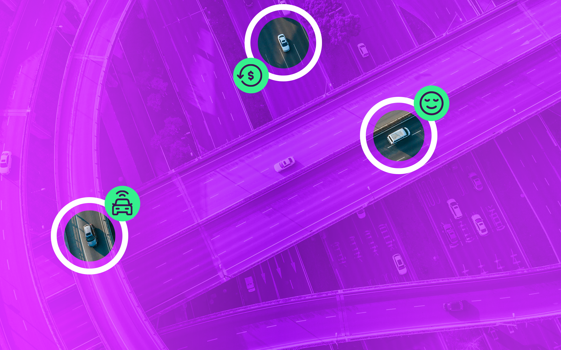 aerial view of vehicles on a freeway with 3 icons signifying the benefits of alternative transportation