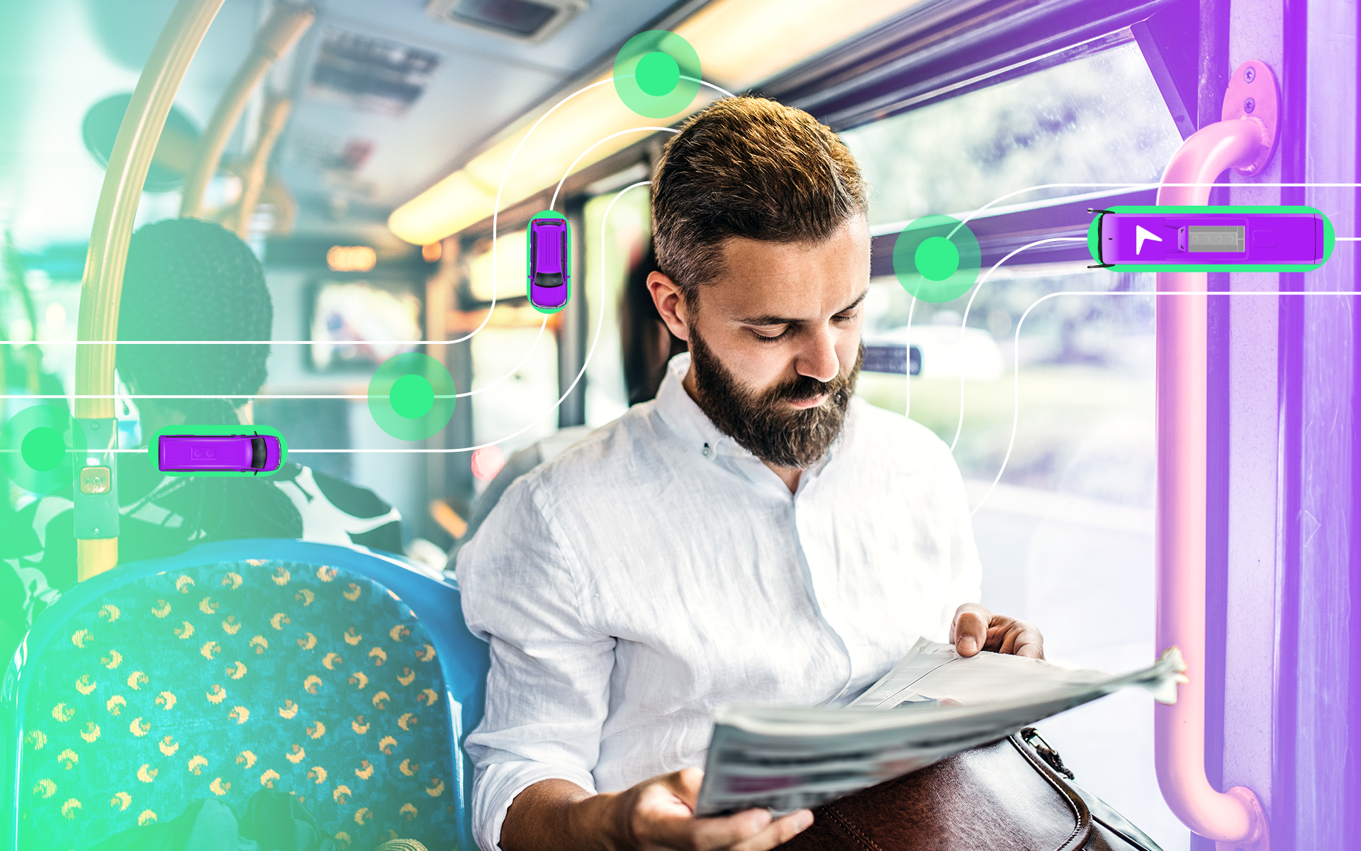 business man reading a newspaper while riding the bus