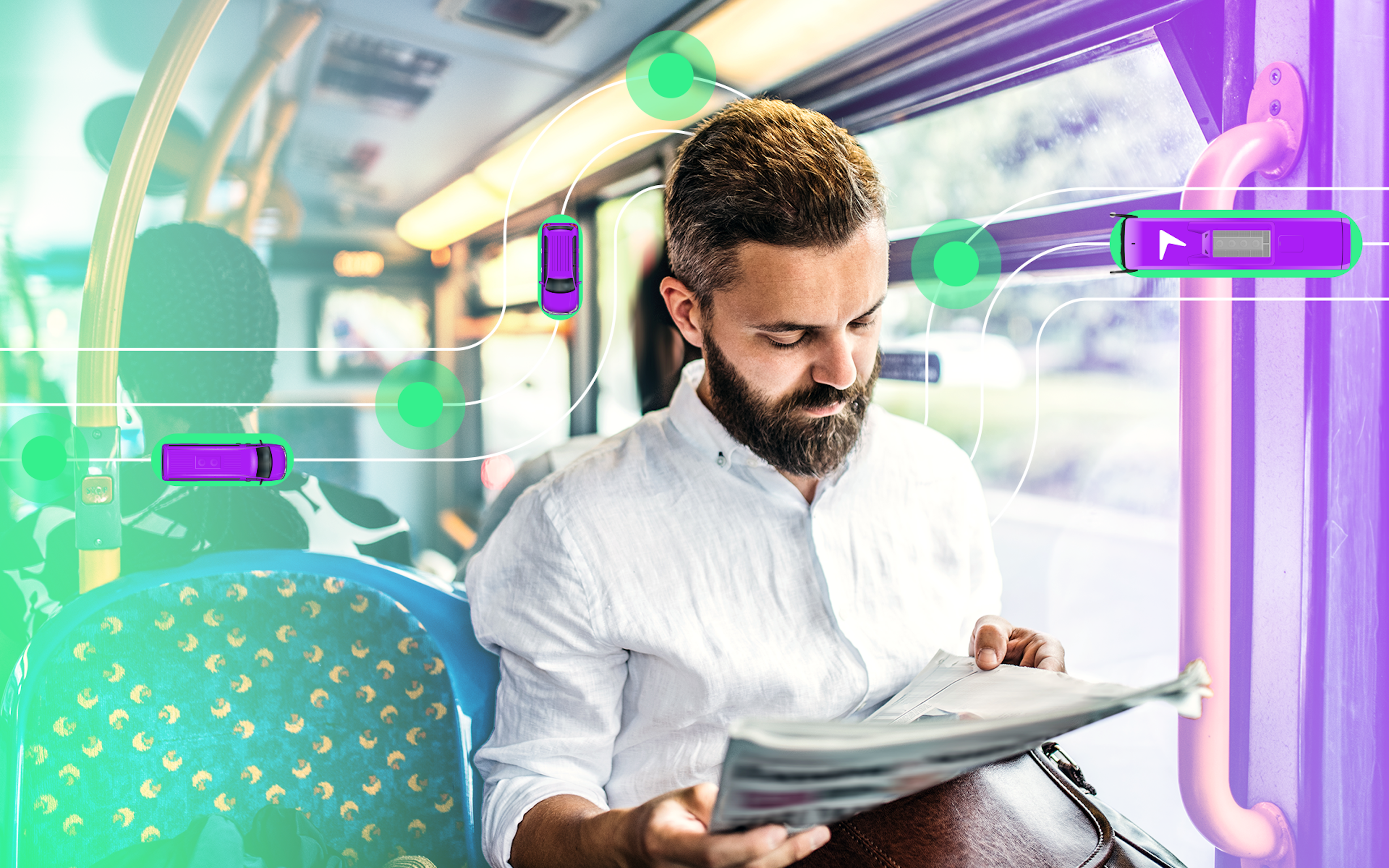business man reading a newspaper while riding the bus