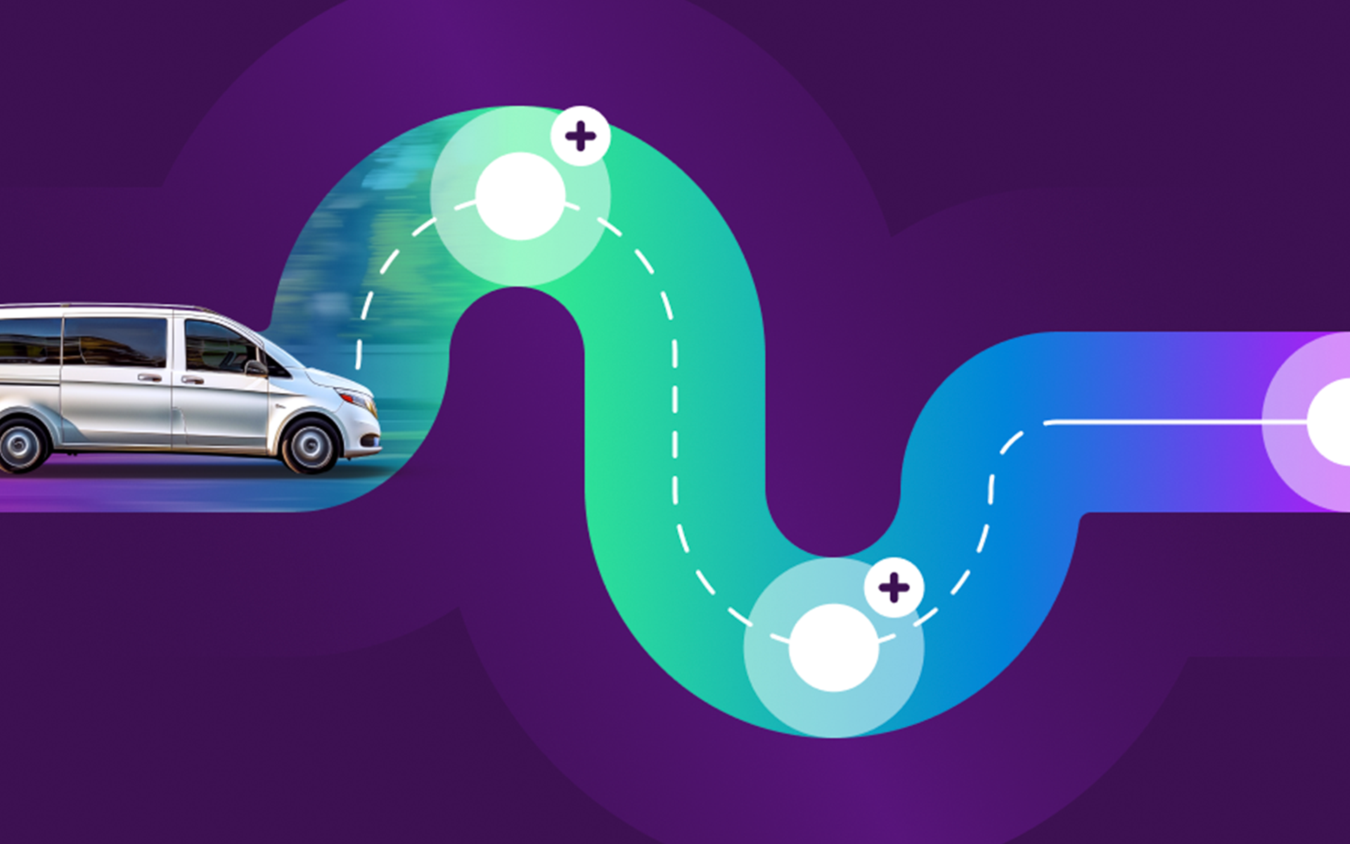 abstract image of a van traveling along a route with stops along the way