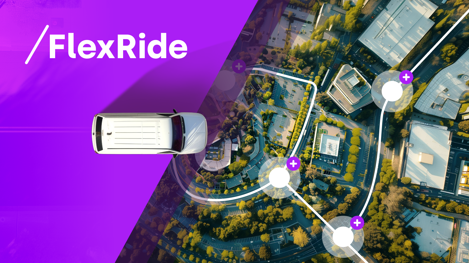 FlexRide. Image of a shuttle on top of an aerial photo of a business campus.