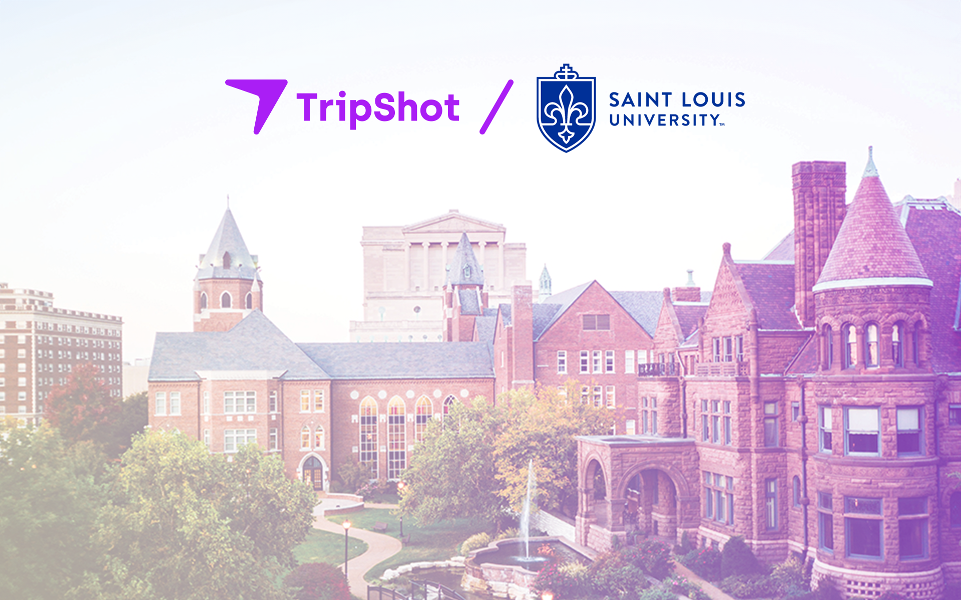 TripShot/Saint Louis University logos with image of buildings on campus