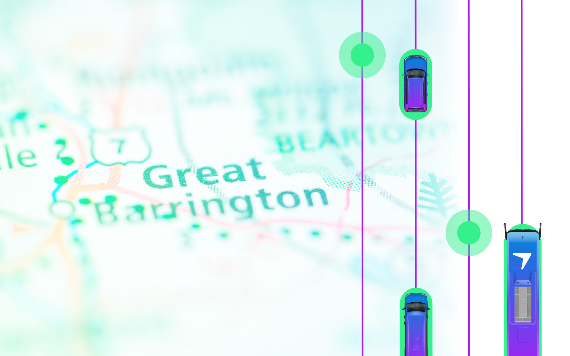 Abstract map showing Great Barrington with vehicles layered on top