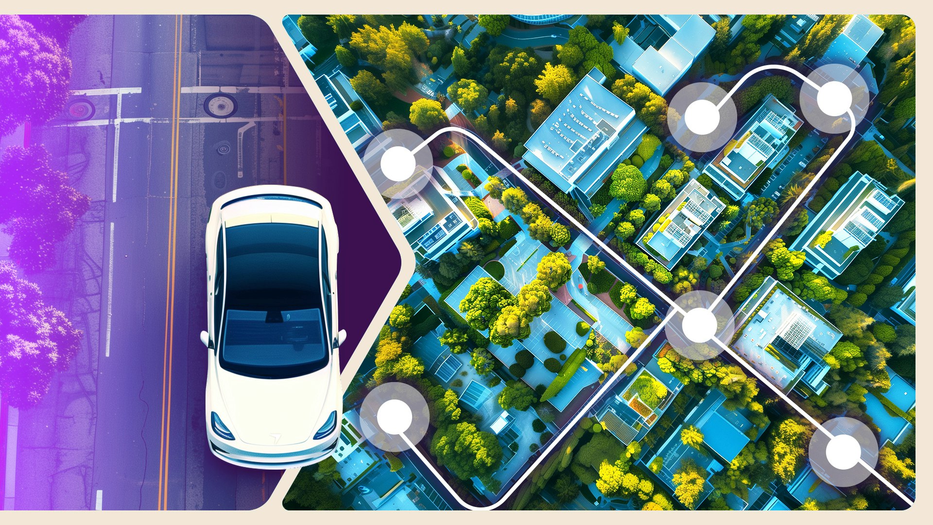 The left side of the image is a photo of a car driving down a road with purple overlay. The right side is a bird's eye view of a neighborhood with routing graphics over it.