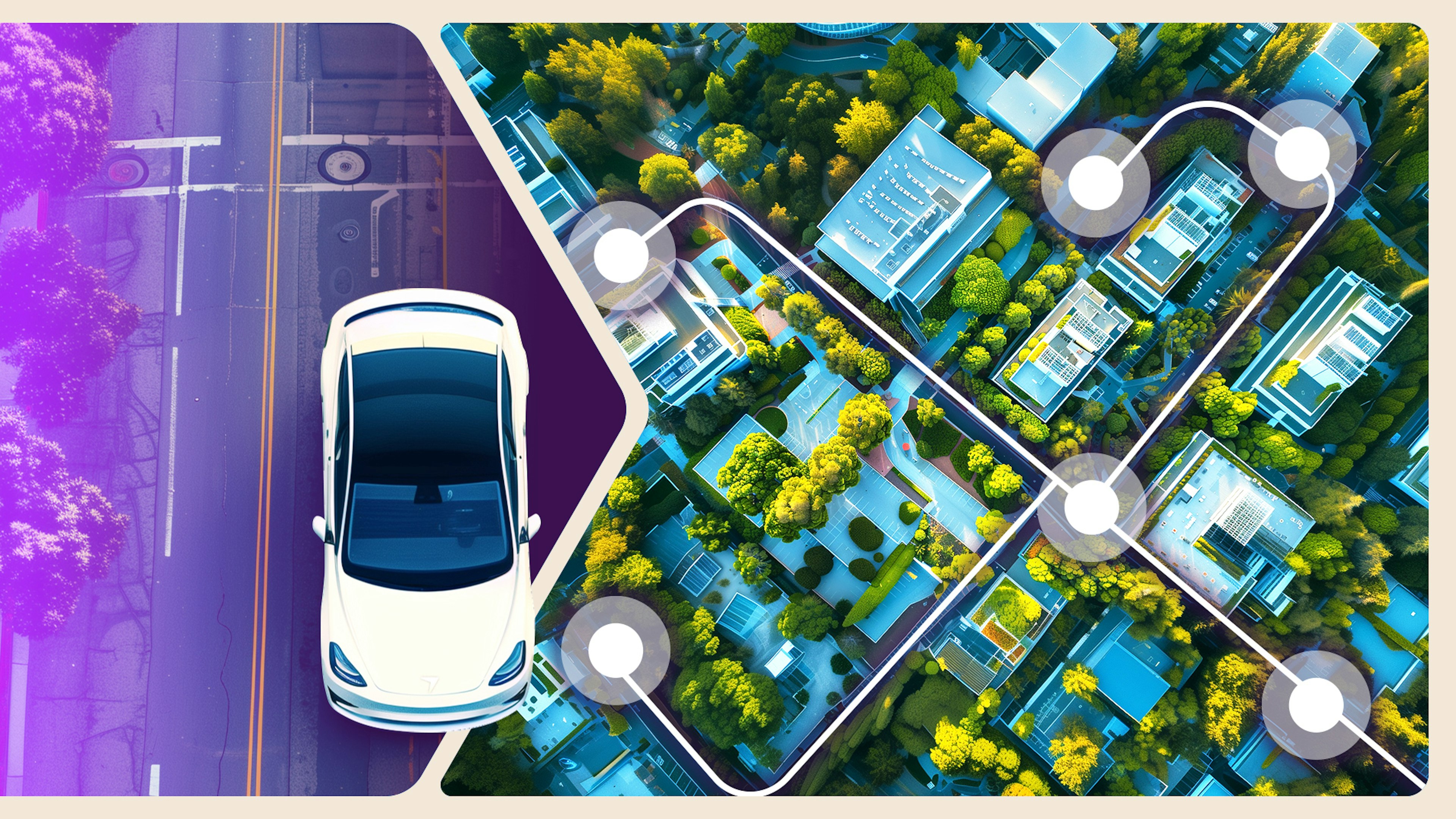 The left side of the image is a photo of a car driving down a road with purple overlay. The right side is a bird's eye view of a neighborhood with routing graphics over it.