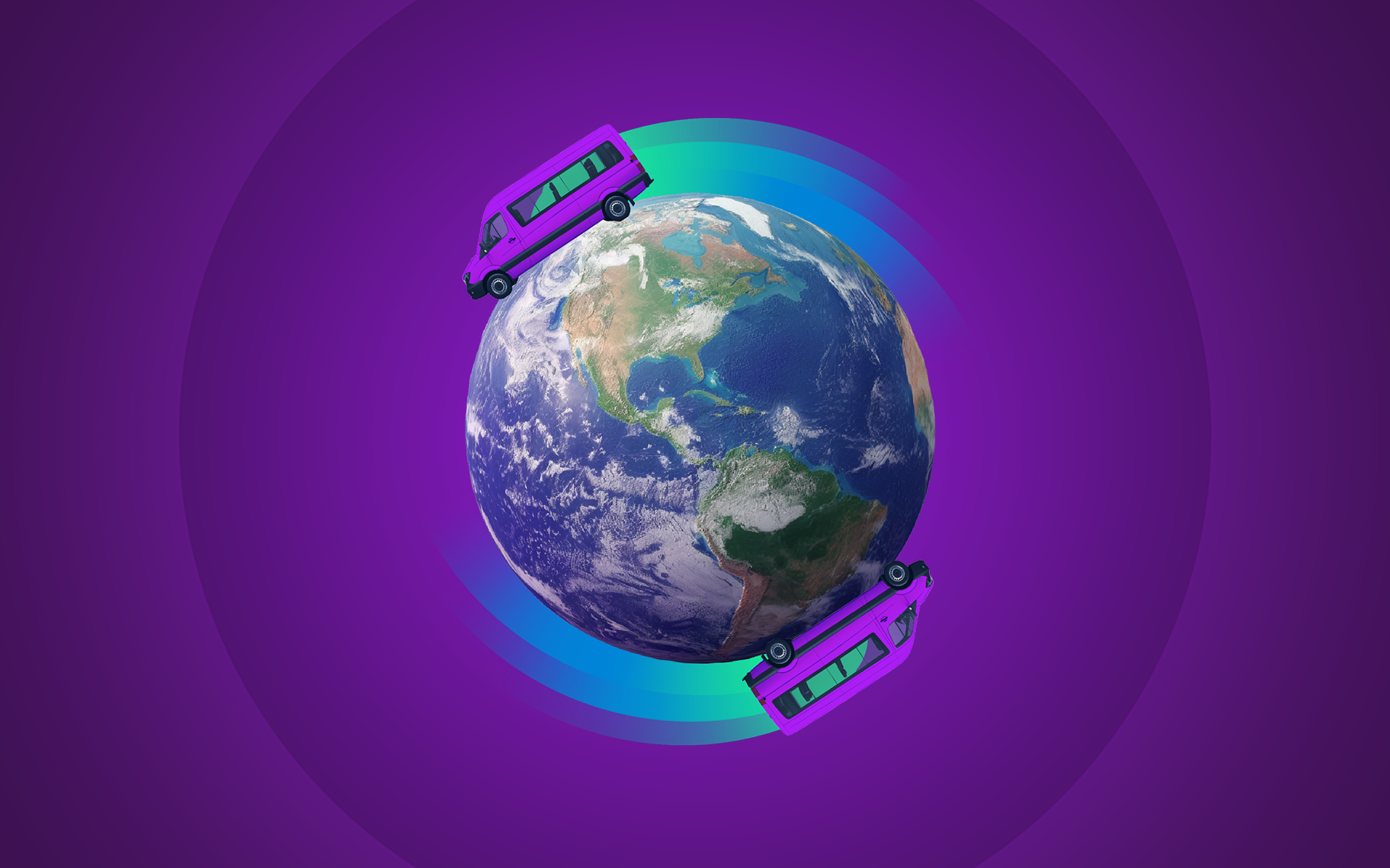 abstract graphic of the earth with vehicles going around with blue and green emissions, representing less emissions