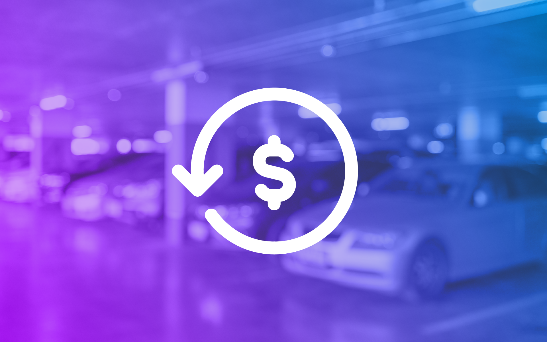blurred image of cars in a parking lot with an icon overlayed representing lowering cost