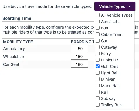Screenshot of TripShot Instance Boarding Time and Vehicle Types