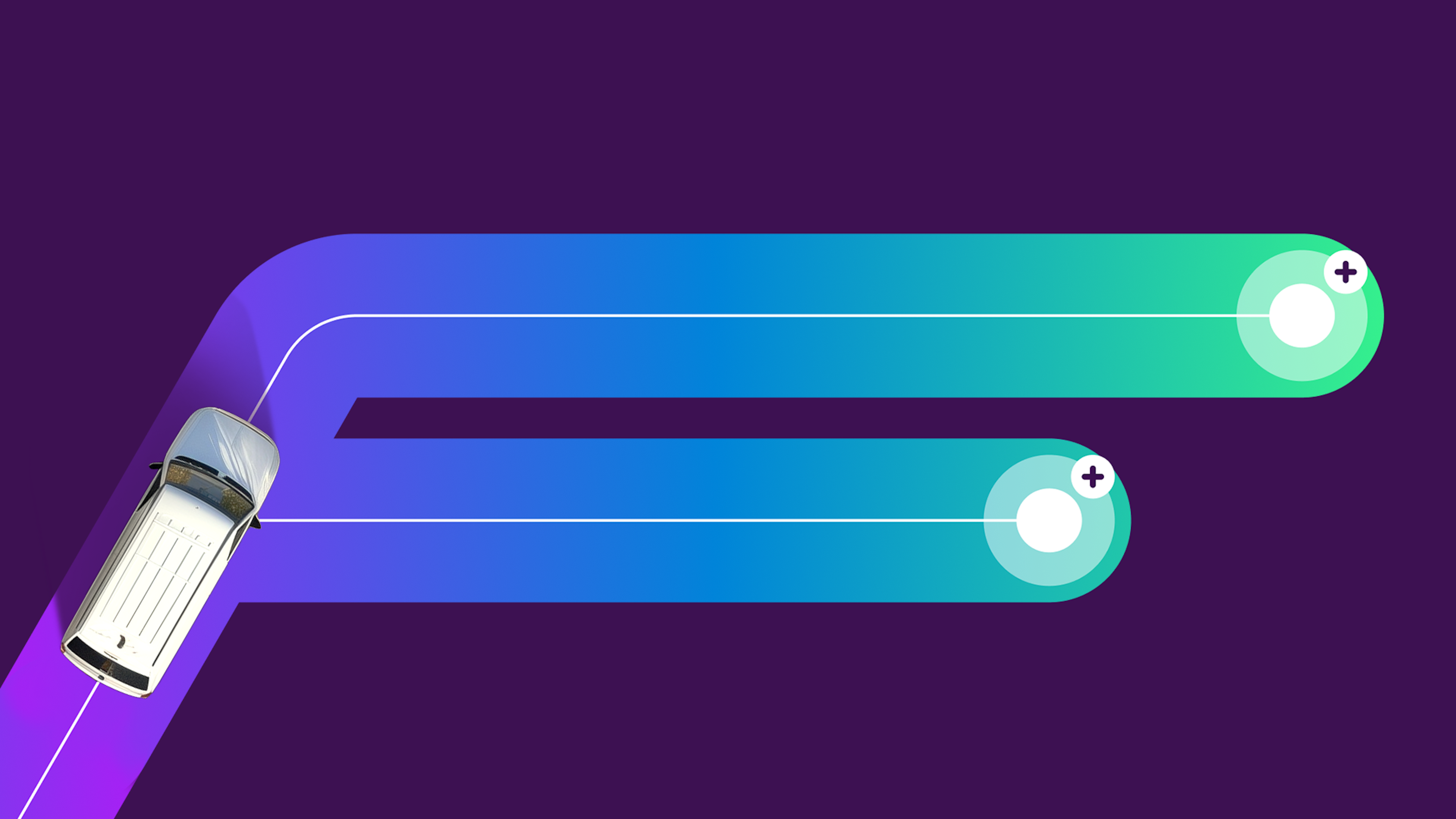Graphic of a transportation route shaped like the letter "F" with purple to blue to green gradients and a deep purple background