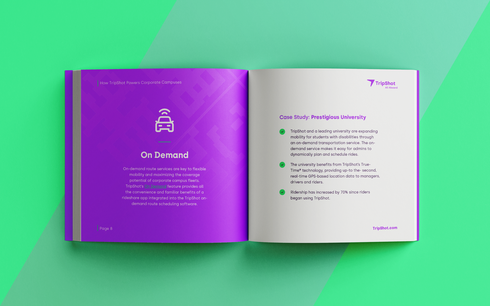 Open book previewing a spread of the eBook titled How TripShot Powers Corporate Campuses
