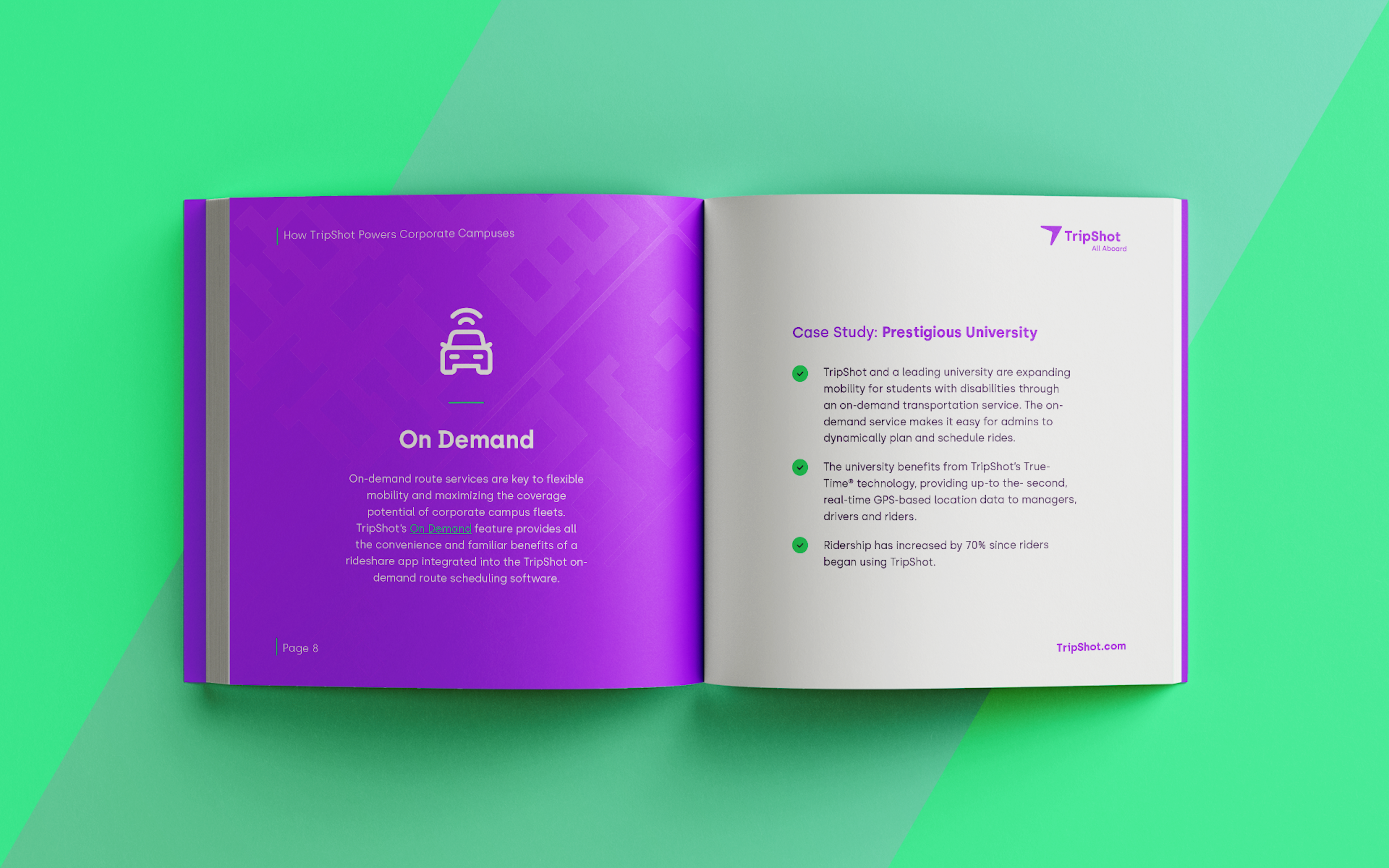 Open book previewing a spread of the eBook titled How TripShot Powers Corporate Campuses