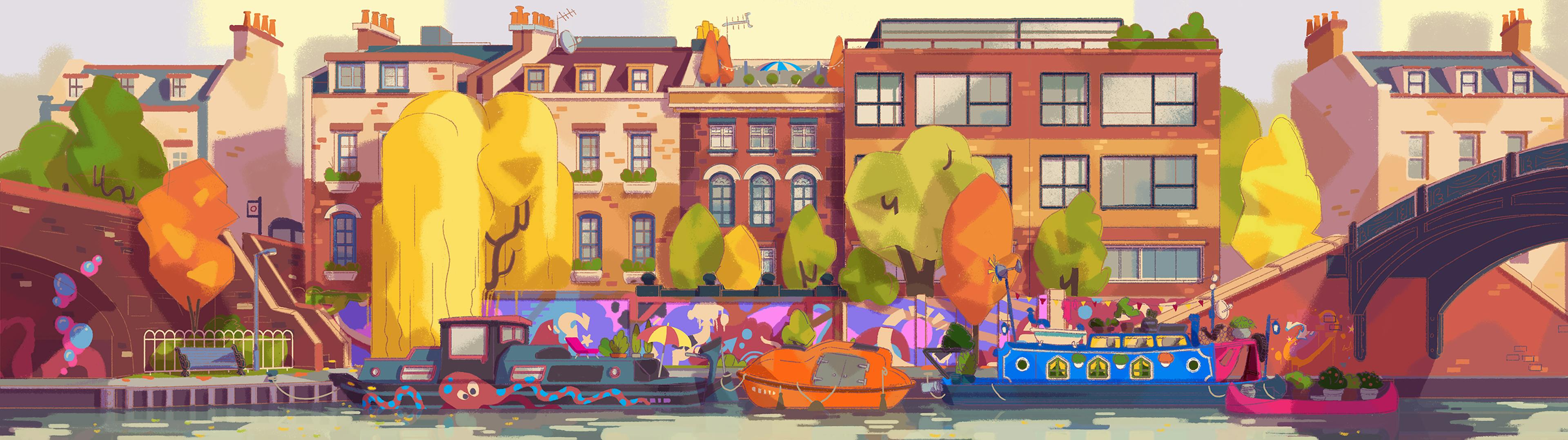 Painting of the street with canal and boats, London, Camden, 101 Dalmatians Street, Art direction, Tristan Ménard