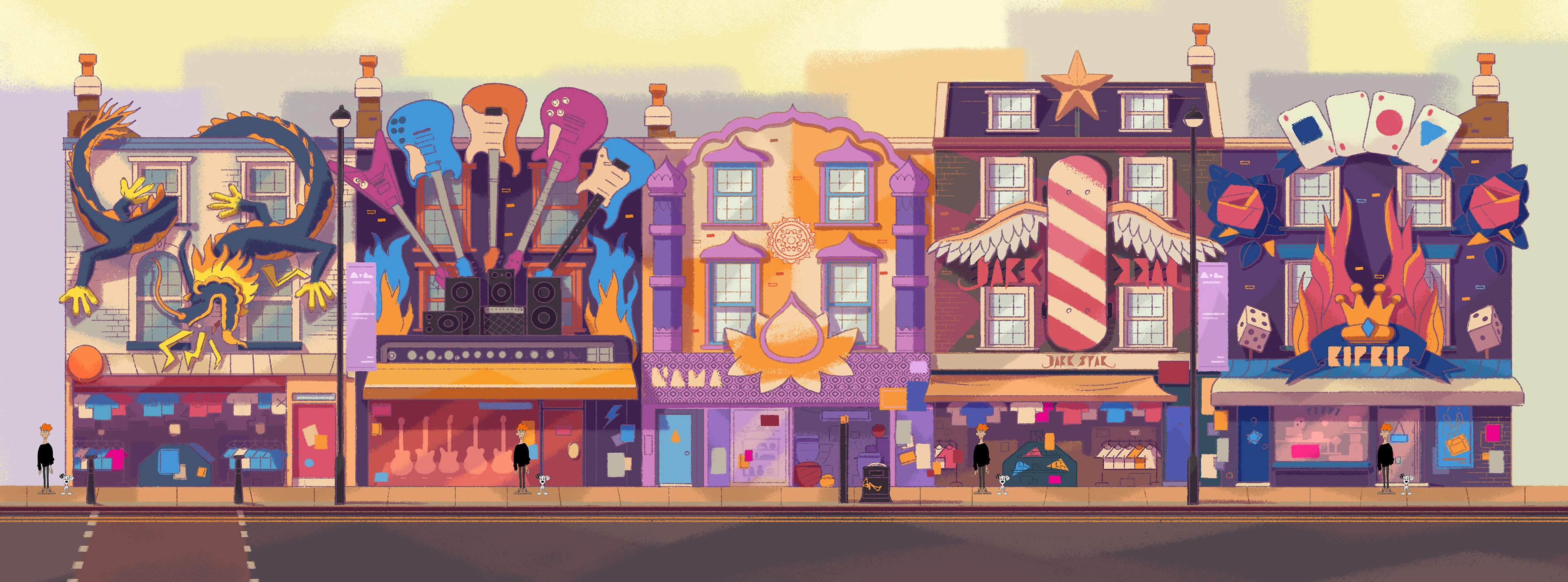 Camden high Street, Painting of the street with shop signs, London, Camden, Disney, 101 Dalmatians Street, Art direction, Tristan Ménard