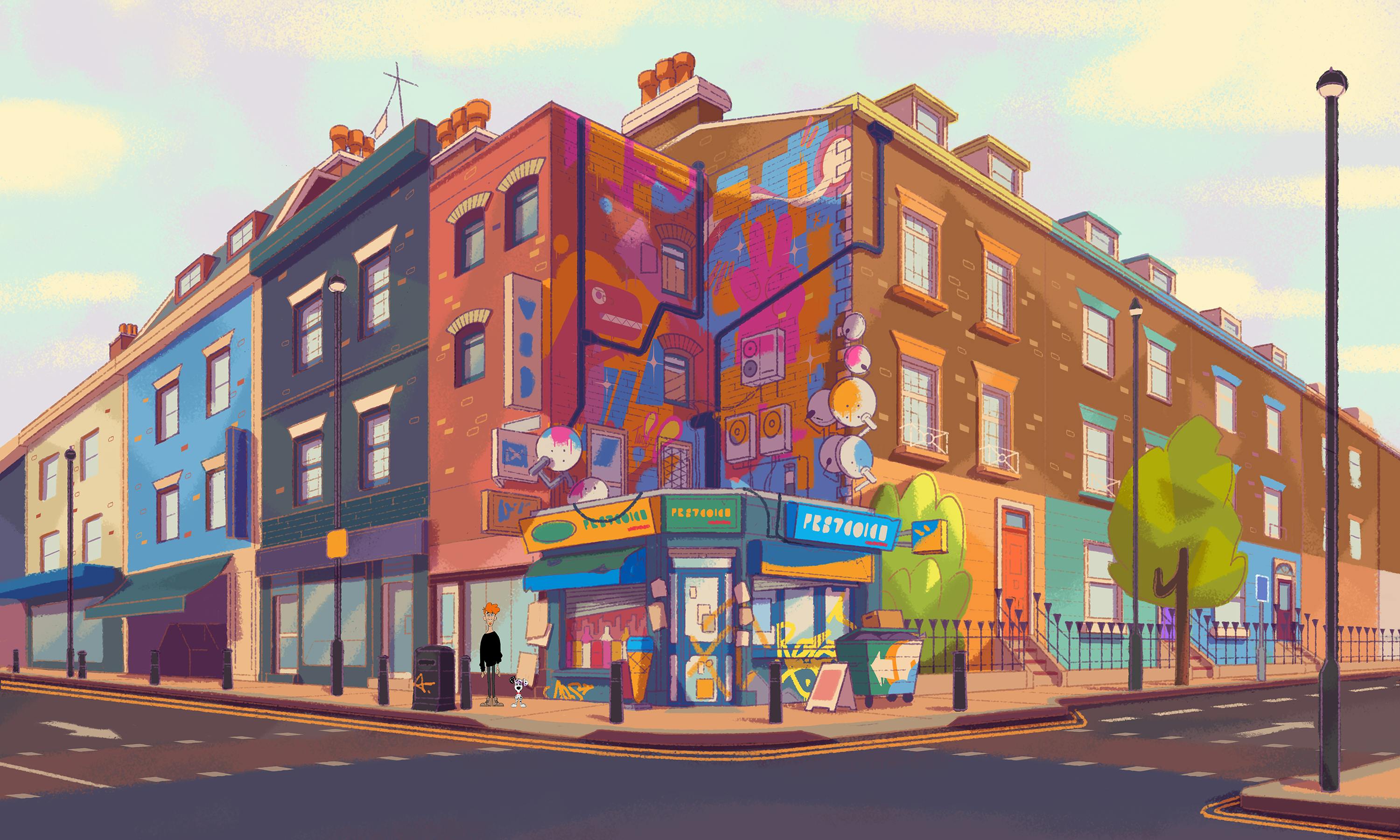 Isometrical painting of the street, London, Camden, Disney, 101 Dalmatians Street, Art direction, Tristan Ménard