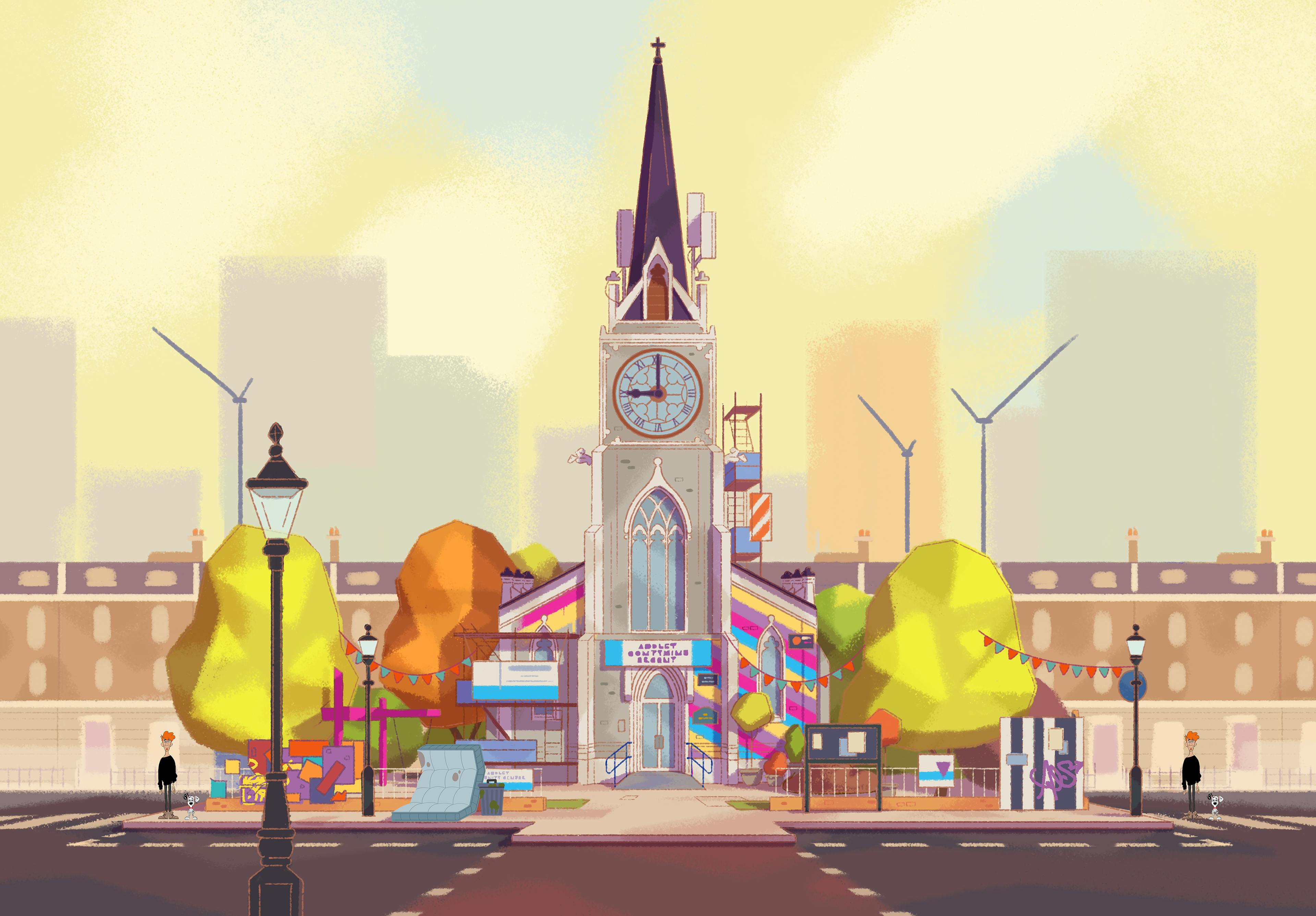 Painting of the church, London, Camden, Disney, 101 Dalmatians Street, Art direction, Tristan Ménard