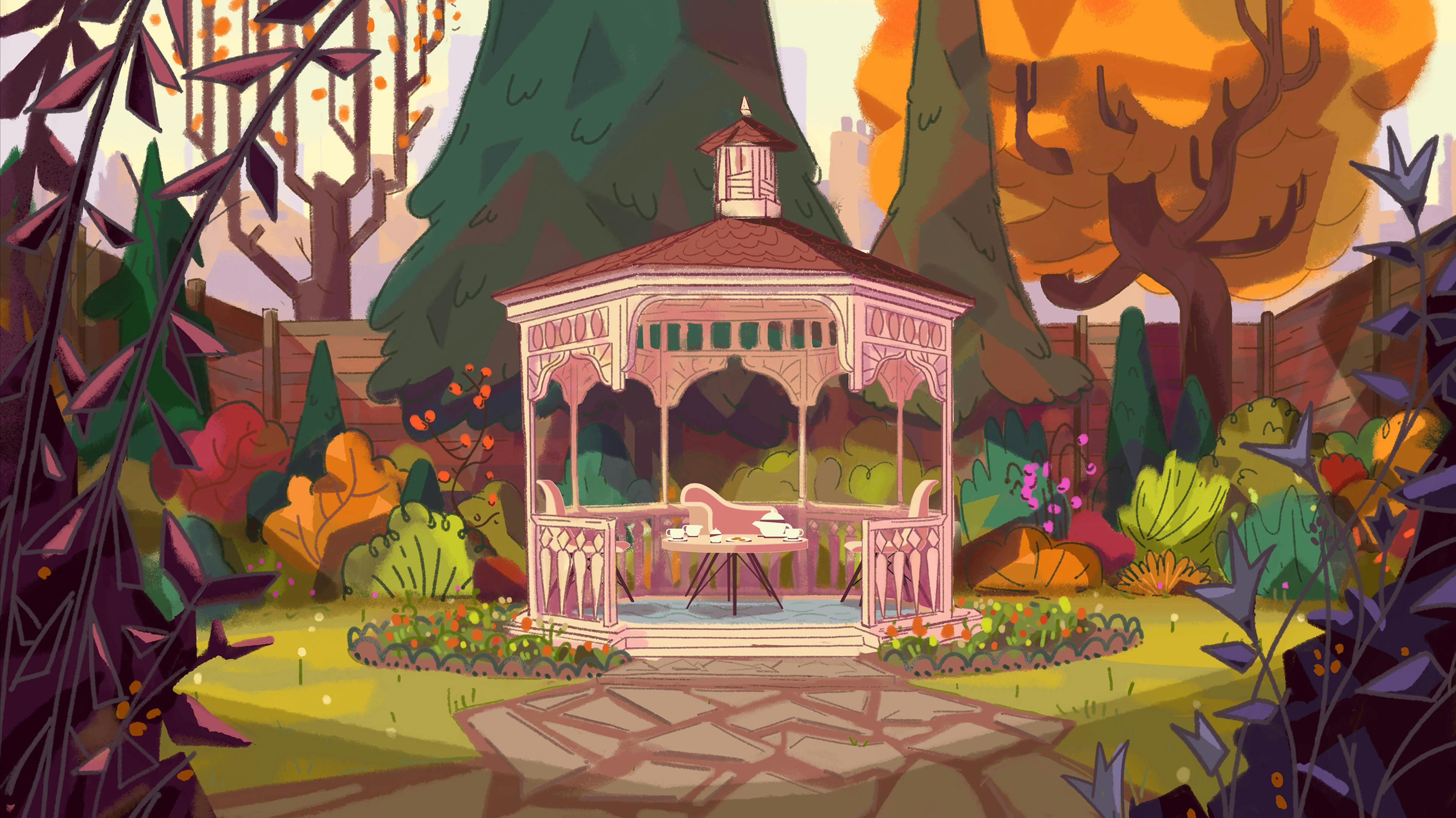 Painting of a gazeebo, garden, London, Camden, Disney, 101 Dalmatians Street, Art direction, Tristan Ménard