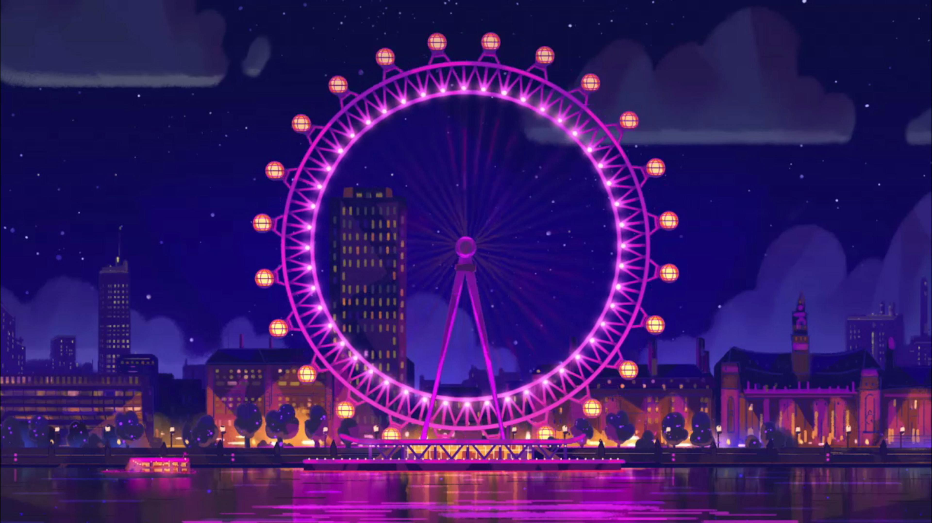 Painting of a London Eye, nightime, London, Camden, Disney, Concept, 101 Dalmatians Street, Art direction, Tristan Ménard