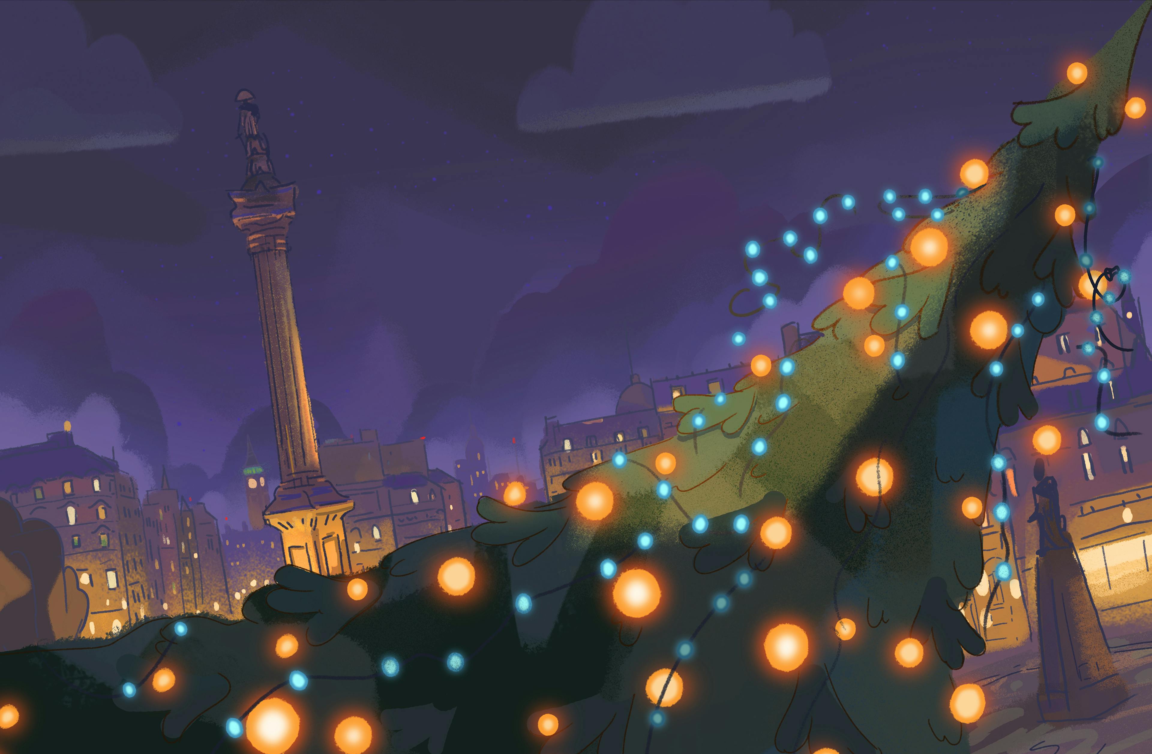 Painting of a christmas tree with London on the background, trafalgar square, London, Soho, Disney, Concept, 101 Dalmatians Street, Art direction, Tristan Ménard