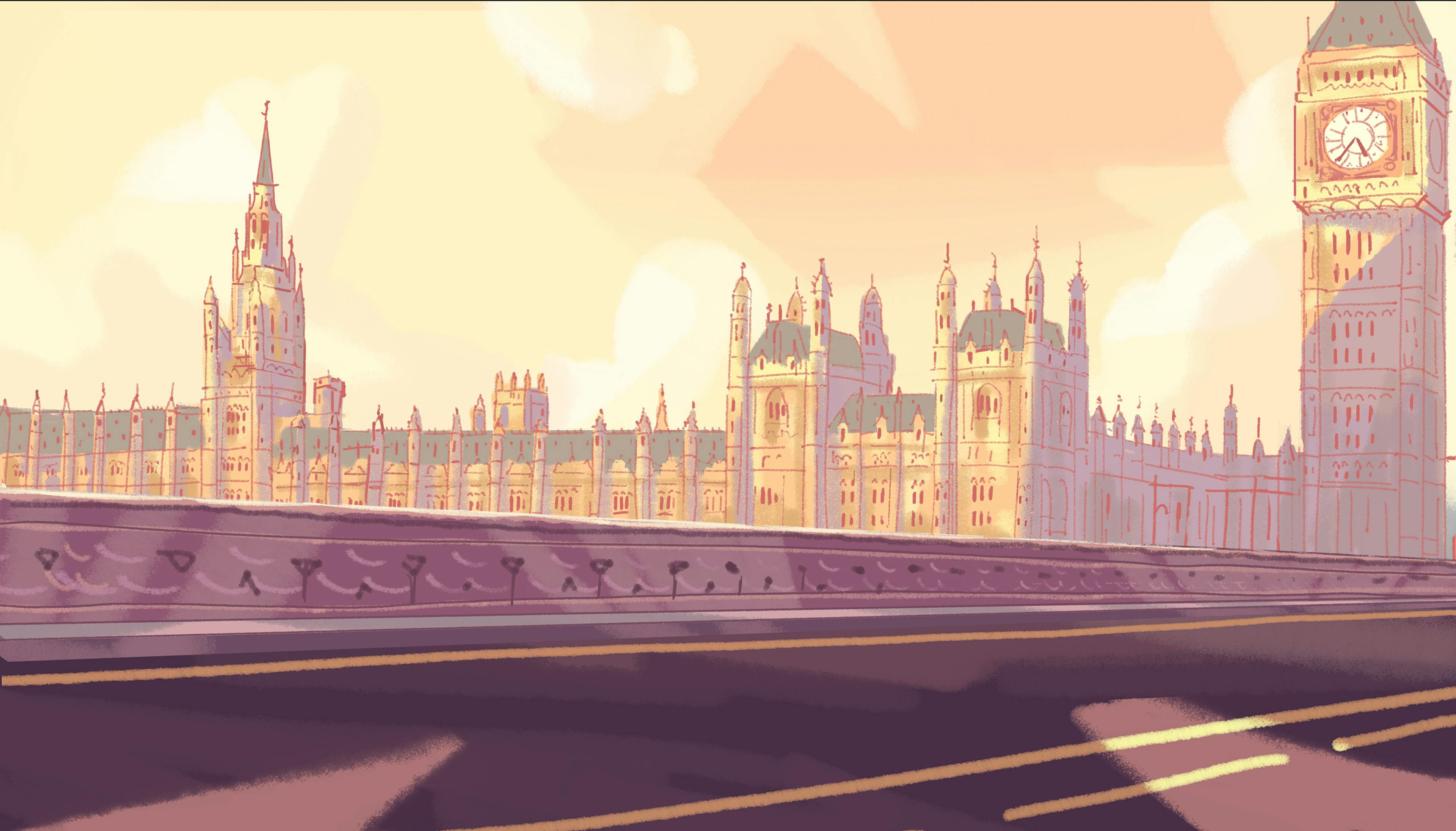 Painting of Big Ben and the houses of Parliement, London,Disney, Concept, 101 Dalmatians Street, Art direction, Tristan Ménard