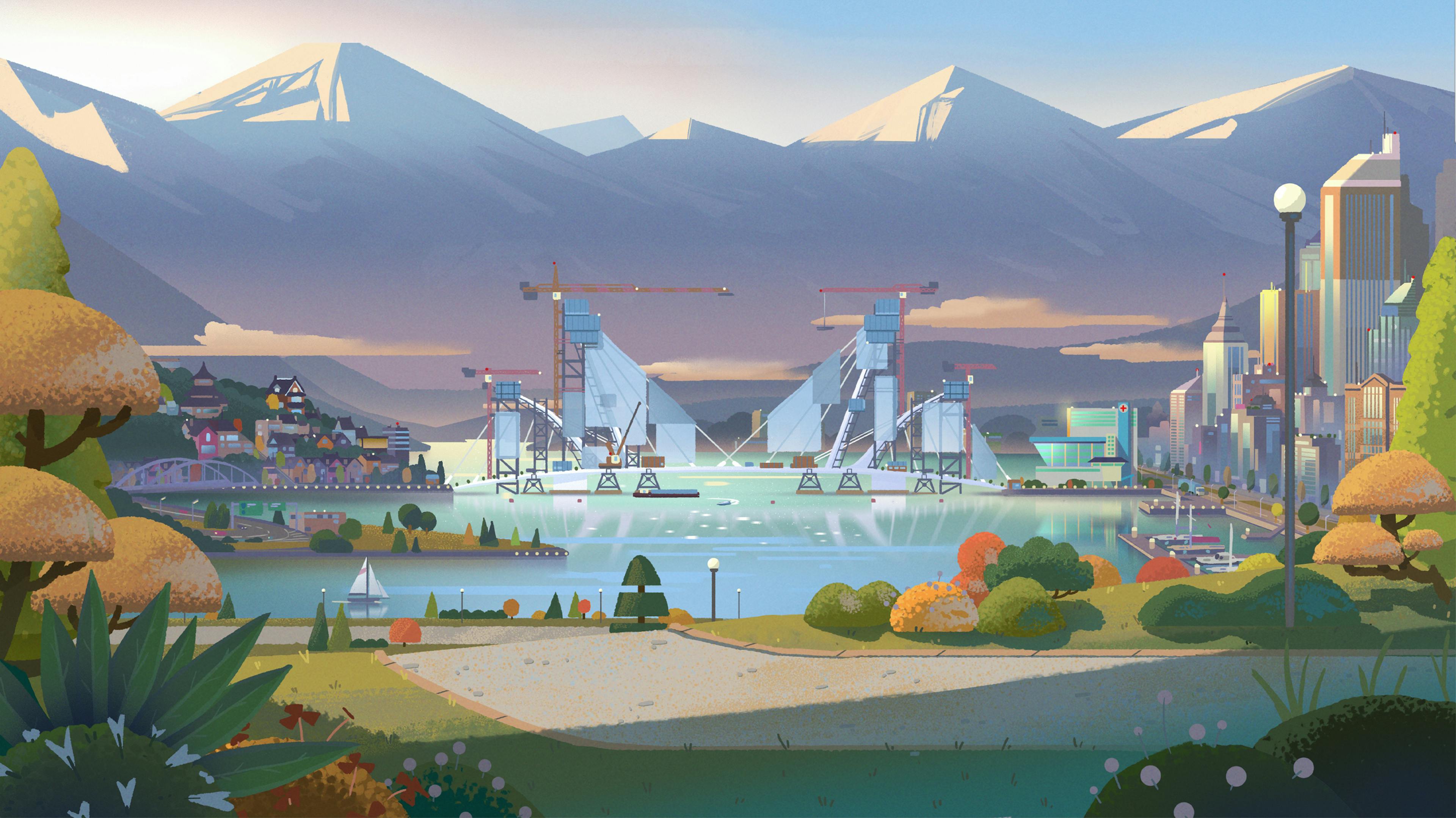 Painting of a city with a lake, a bridge over the lake under construction and mountains in the background, Oracle, concept art, Tristan Ménard