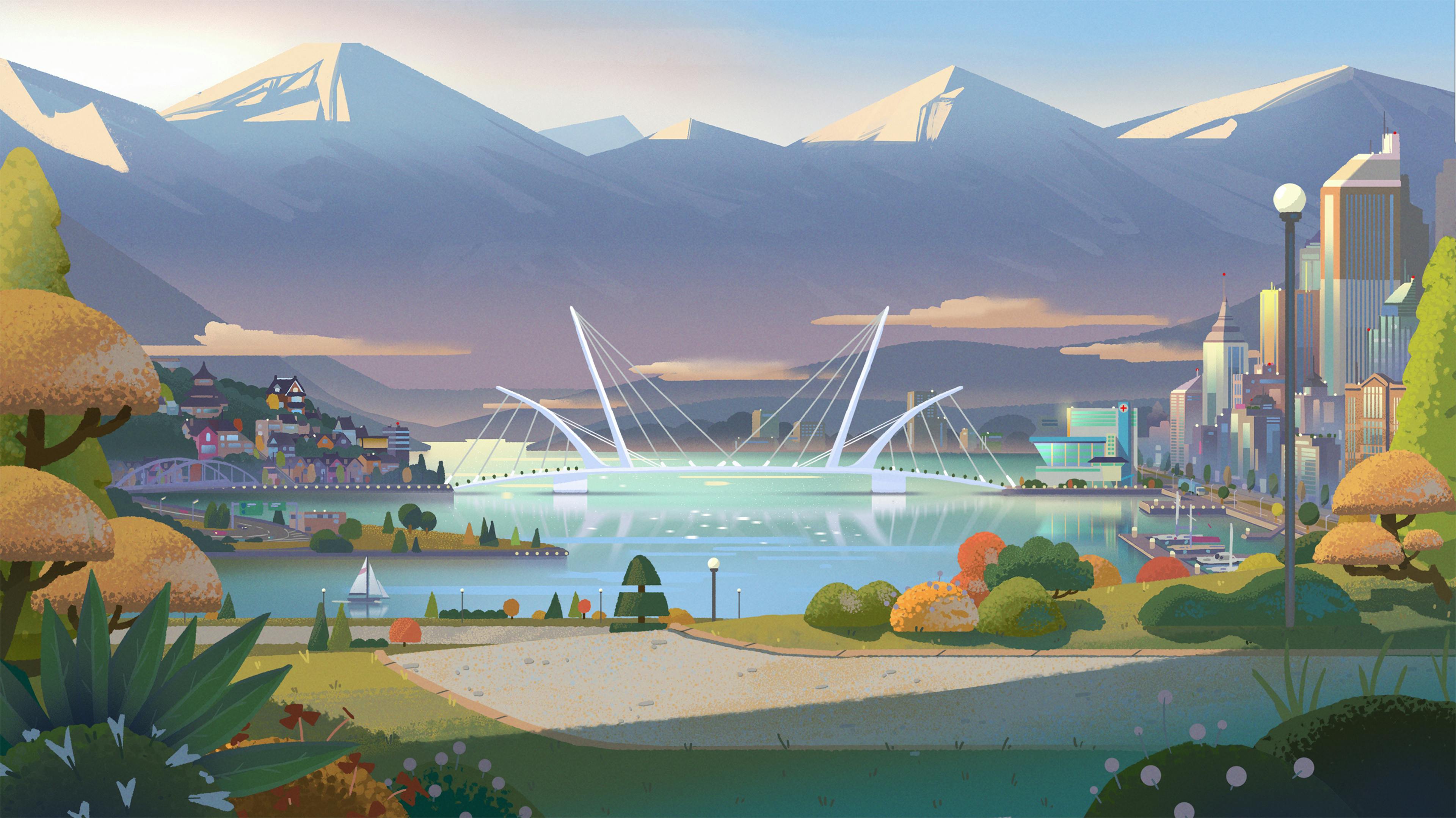 Painting of a city with a lake, a bridge over the lake and mountains in the background, Oracle, concept art, Tristan Ménard