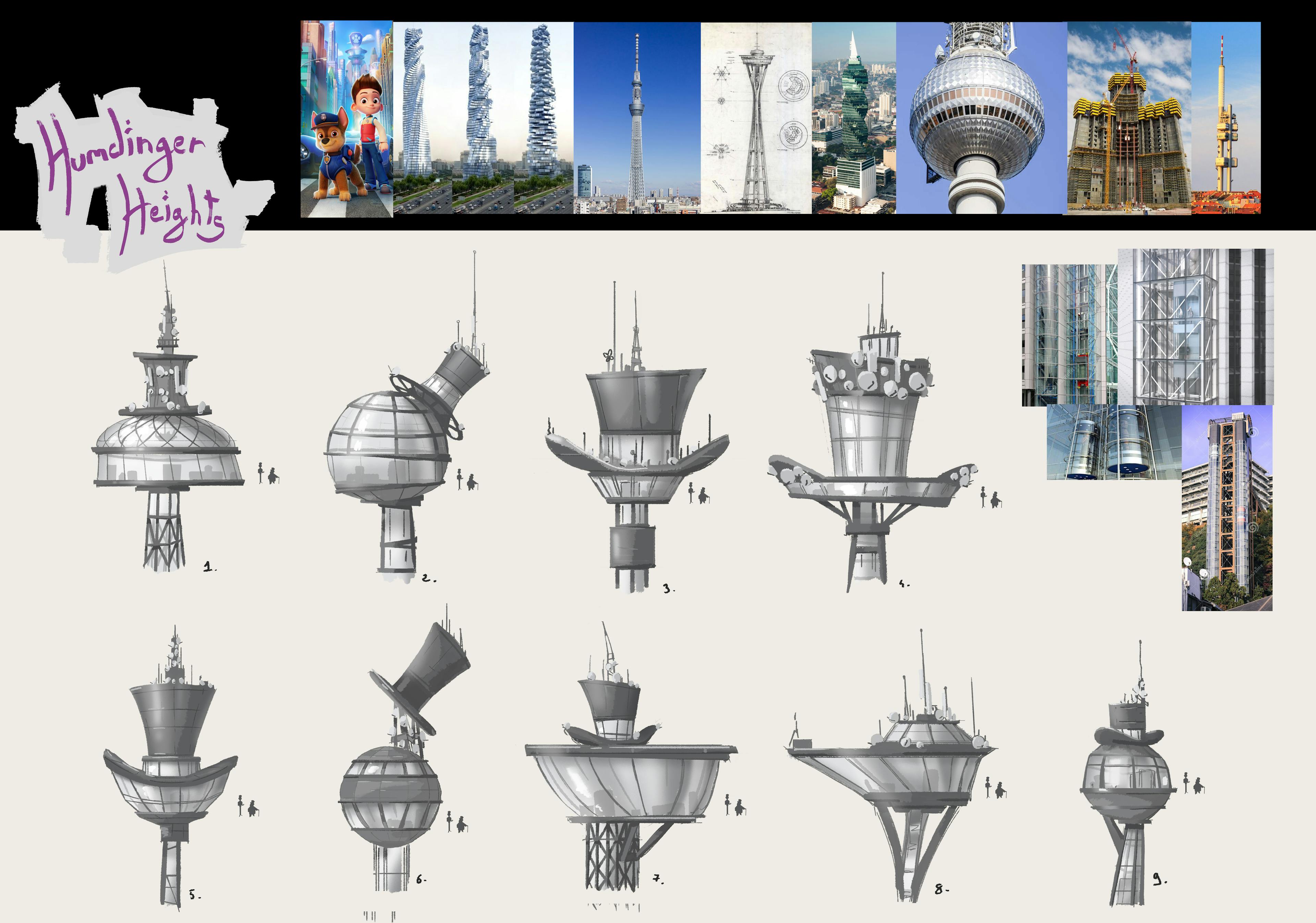 Concept art of various towers, Paw Patrol, concept art, Tristan Ménard