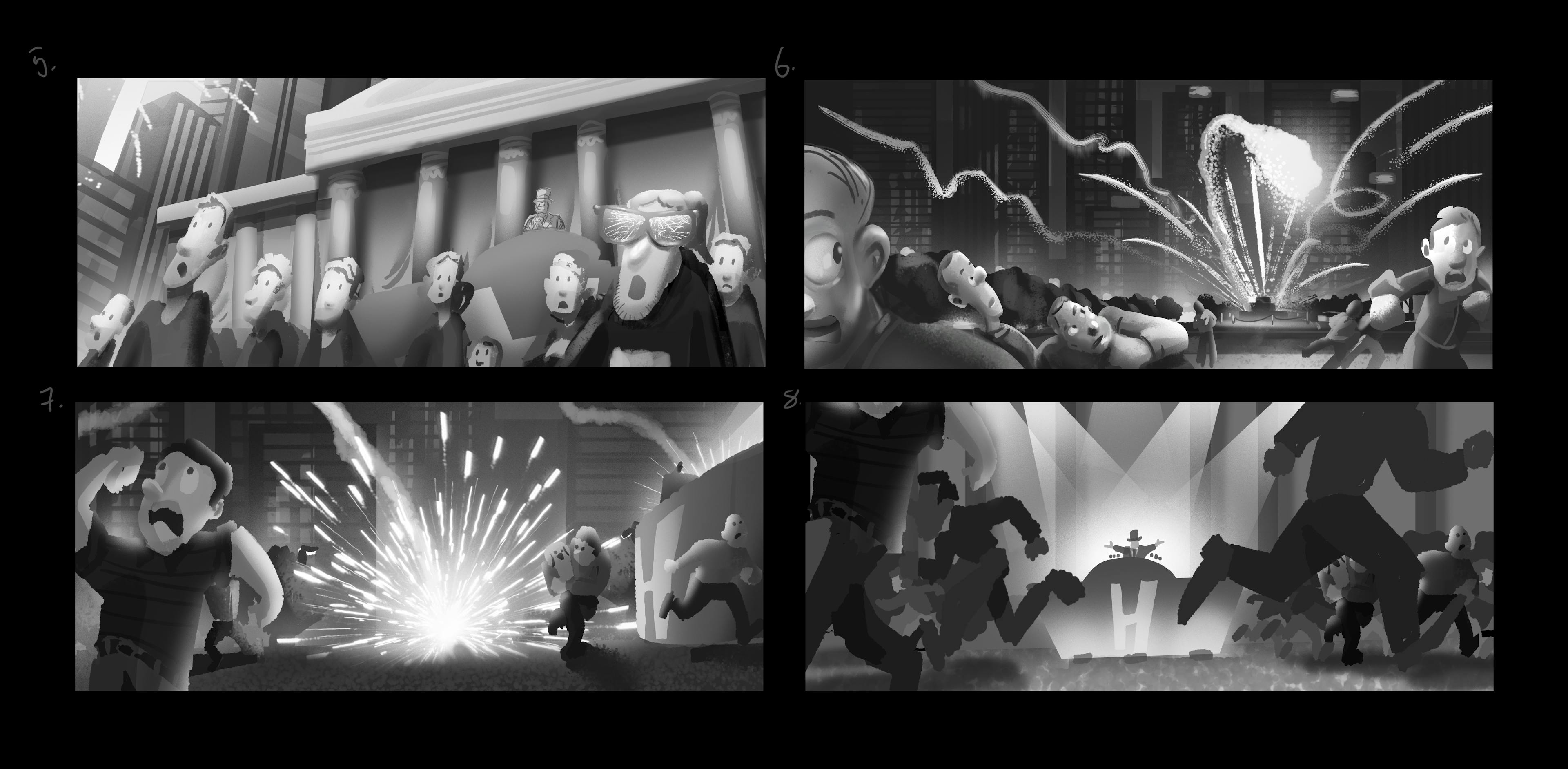 Concept, greyscale, Art work of explosions in the city, Paw Patrol, concept art, Tristan Ménard