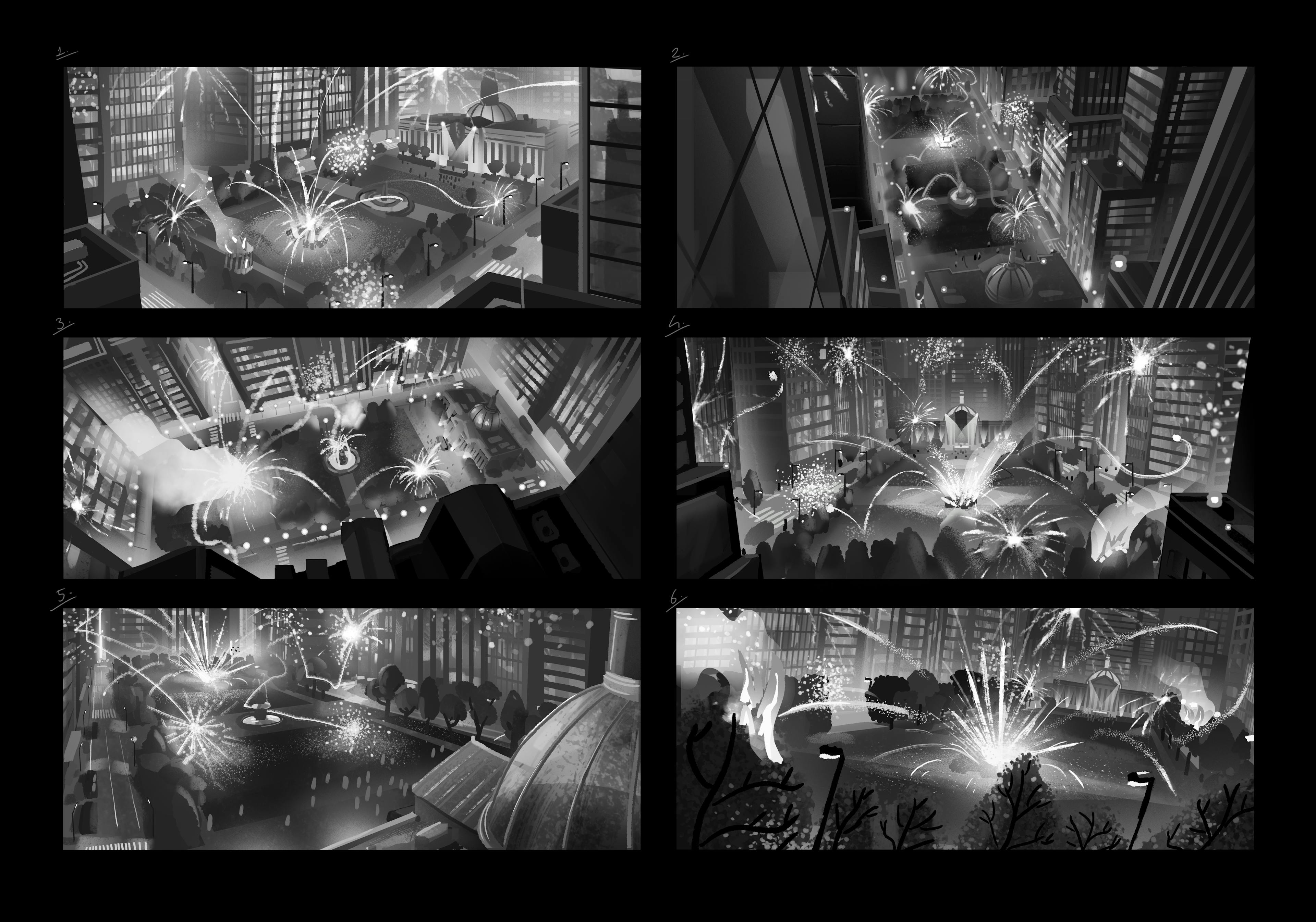 Concept, greyscale, Art work of explosions in the city, Paw Patrol, concept art, Tristan Ménard