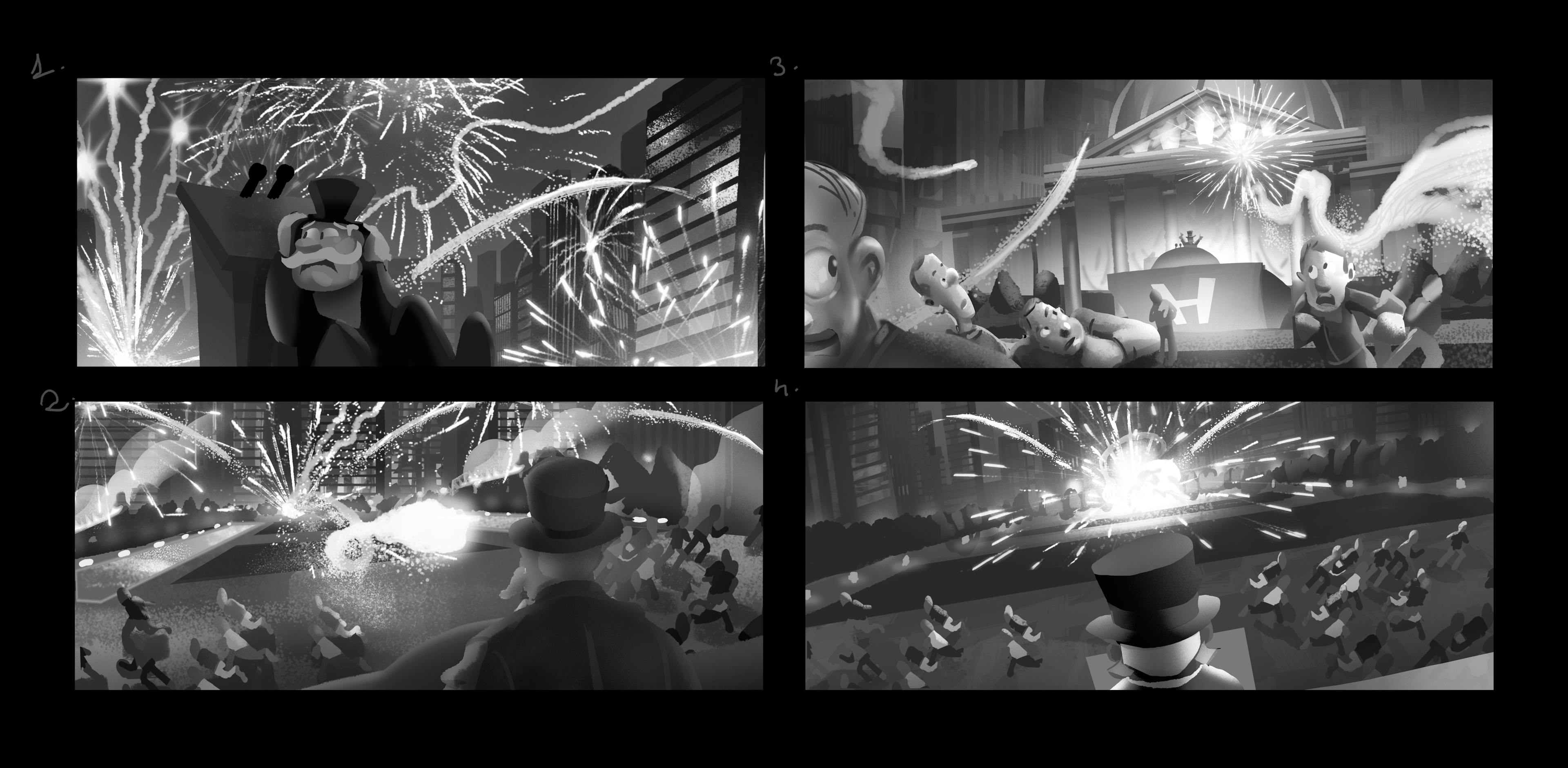 Concept, greyscale, Art work of explosions in the city, Paw Patrol, concept art, Tristan Ménard