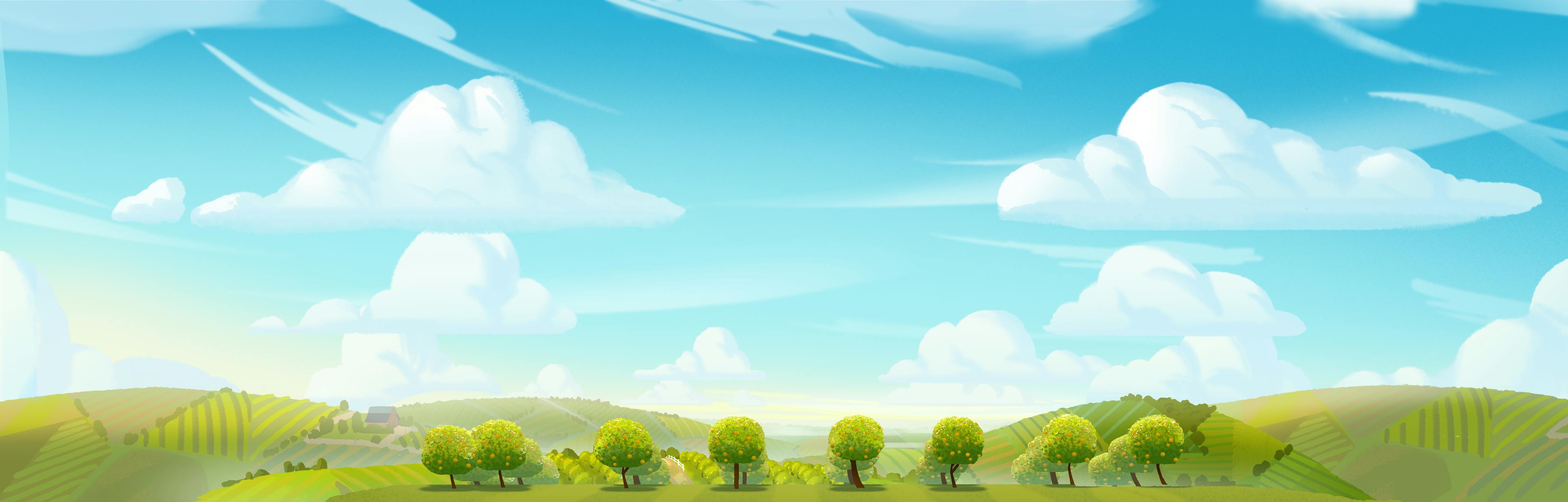 Painting of a landscape with orchards, background art, Tristan Ménard