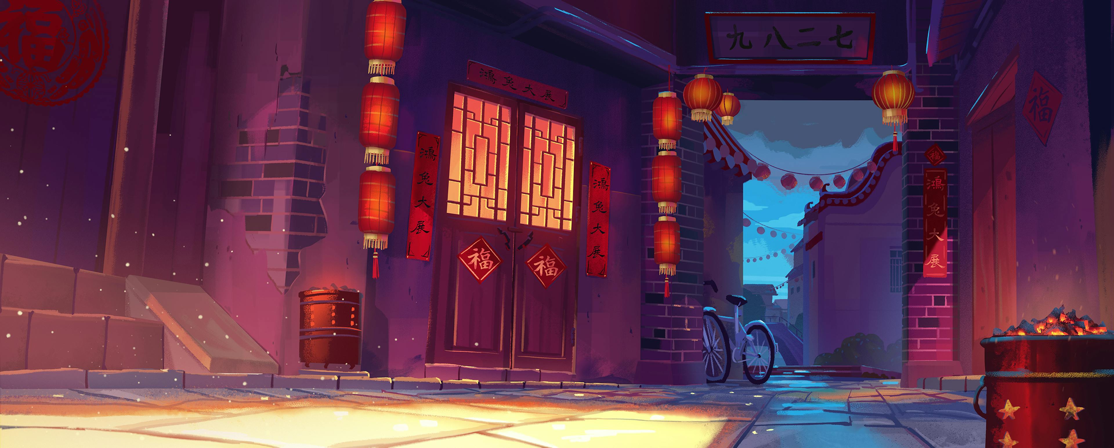 Painting of asian streets, background art, nike advert, Tristan Ménard