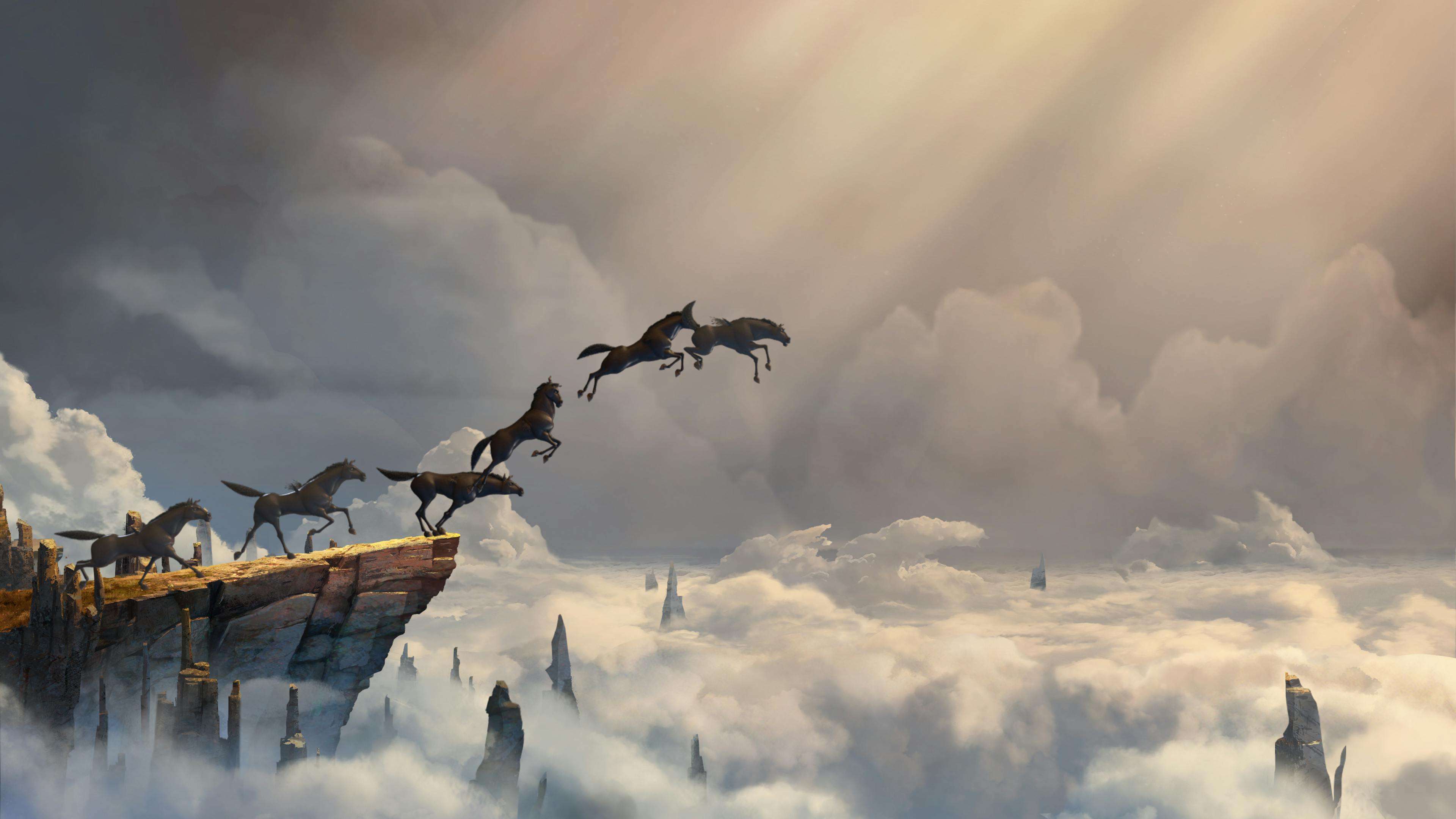 Painting of the jump of a horse over clouds, background art, grand national, advert, Tristan Ménard