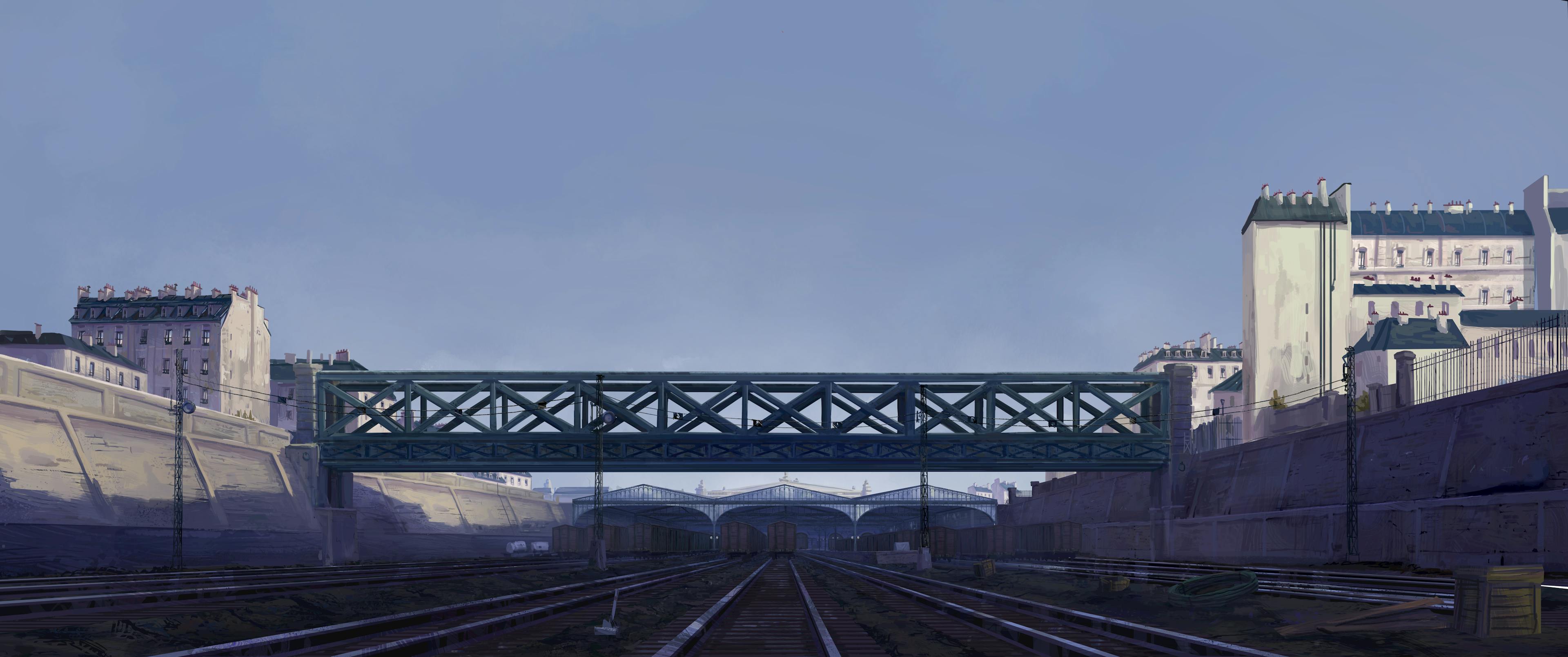 Painting of railways in Paris, background art, adama, Tristan Ménard