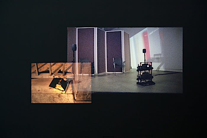 Exhibition detail of Chopin, 35mm slide and 2K video installation accompanied by soundwork on headphones. Solo exhibition Material Longevities at Galeria Francisco Fino, Lisbon. May 2018 until July 2018
