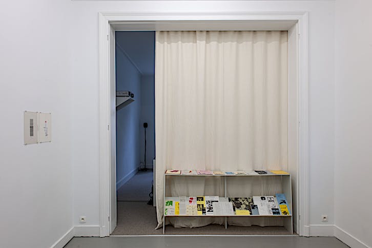 Henri Chopin, vonna-michell’s house, 1985, dactylopoem on paper, 32 x 24 cm; Henri Chopin and E.E. Vonna-Michell, Sculpture, 1985, dactylopoem on paper, 32 x 24 cm; Vonna-Michell, a selection of publications by E.E. Vonna-Michell and Balsam Flex from the mid 1970s until mid 1980s. Installation view of Vonna-Michell: back segments at Jan Mot, Brussels, 2022, from left to right